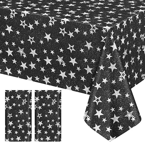 Miniatura 12 de Paquete de 2 manteles de plástico con purpurina de estrella azul dorada, 40 x 70 pulgadas, desechables con estampado brillante y de estrellas