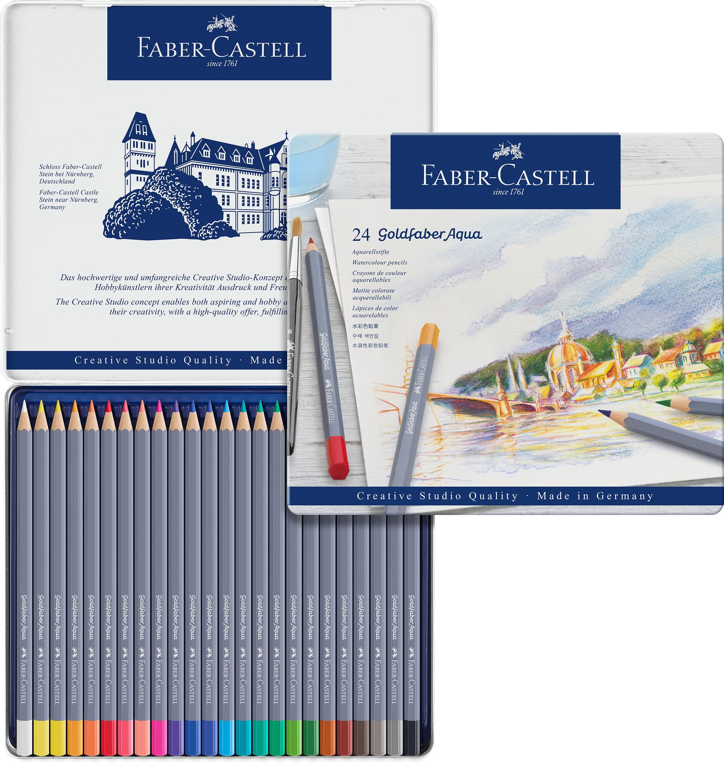 Faber-Castell Creative Studio Goldfaber Aqua Watercolour Pencil, Multicoloured (Multicoloured) Tin Of 24 Pencils, For Art, Craft, Drawing, Sketching, Home, School, University, Colouring