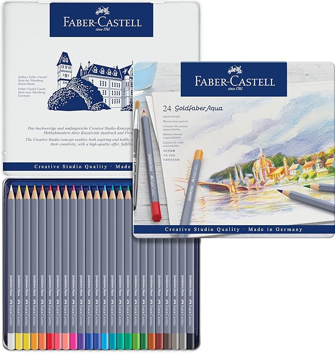 FABER-CASTELL 114624 – Aquarellstifte Goldfaber, 24-teiliges Buntstifte Set, bruchsicher, vollständig wasservermalbar