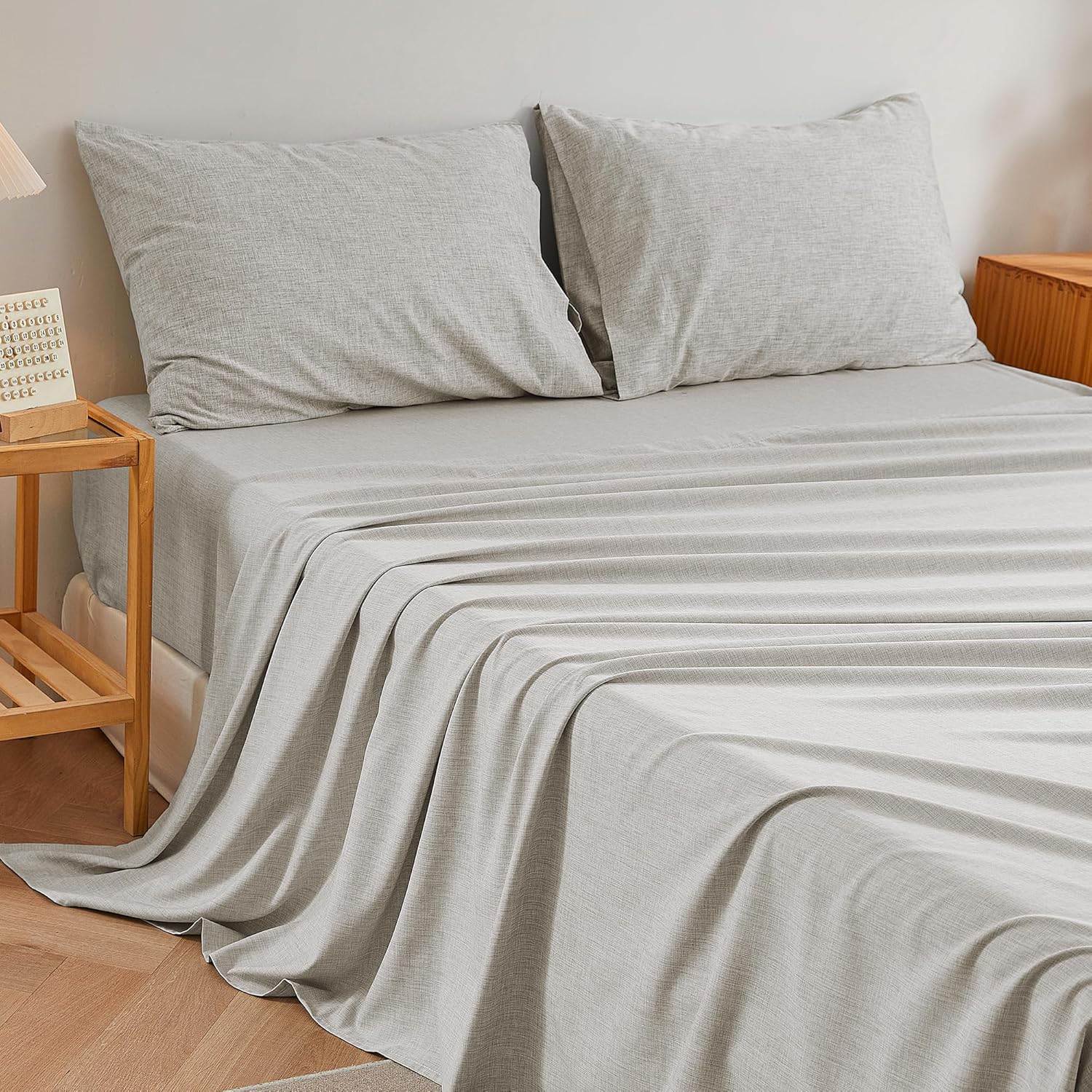Linen Look King Sheets, Cotton Like Soft Cationic Sheets, Luxury Deep Pockets Bedding Set with Elastic Corner Straps, Light Grey