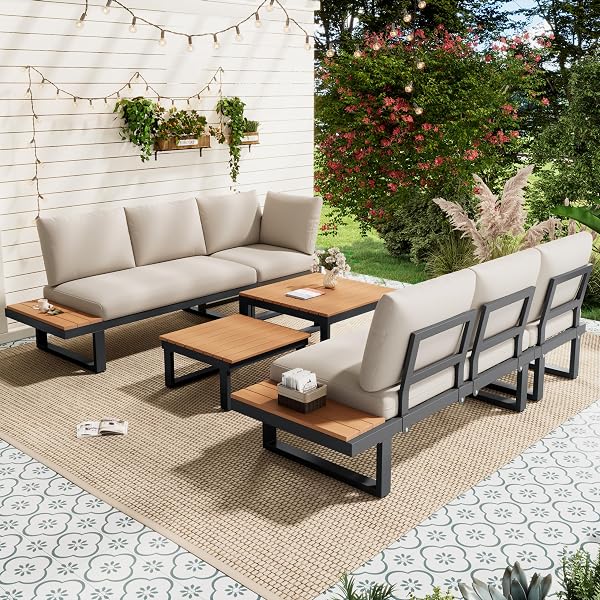 Outdoor Garden Furniture 6/8 People with Adjustable Tilt Function (5 Positions, Up to 55°), Corner Sofa Outdoor Garden with Wooden Top, 2 Low Garden Tables, Beige and Grey - 2