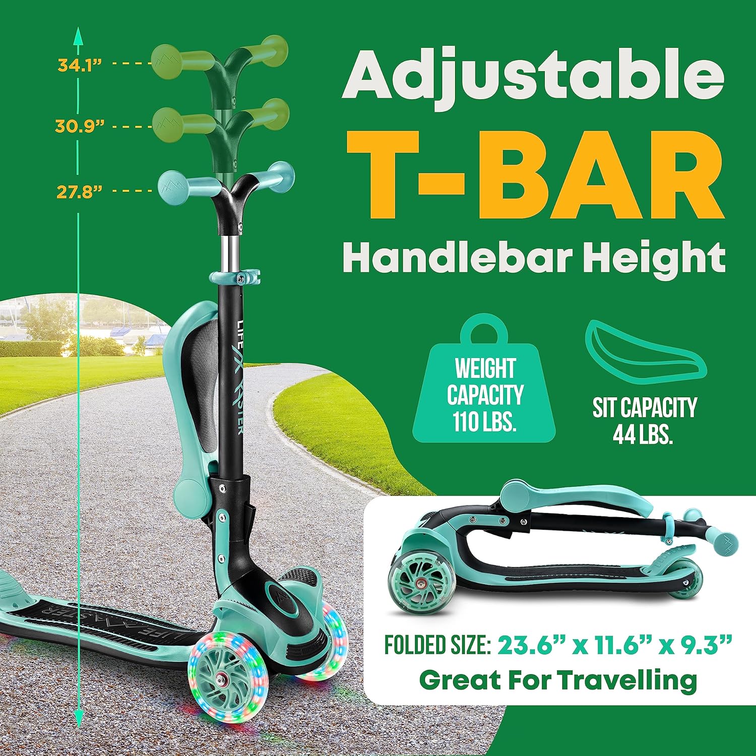 (It’s red not teal. As is)  3 Wheel Scooter for Kids with Foldable Seat, Adjustable Handlebar Height, Lean-to-Steer Ride On Toy for Kids Ages 2+, Light-Up LED Wheels, Wide Anti Slip Deck, Indoor & Outdoor Use Teal
