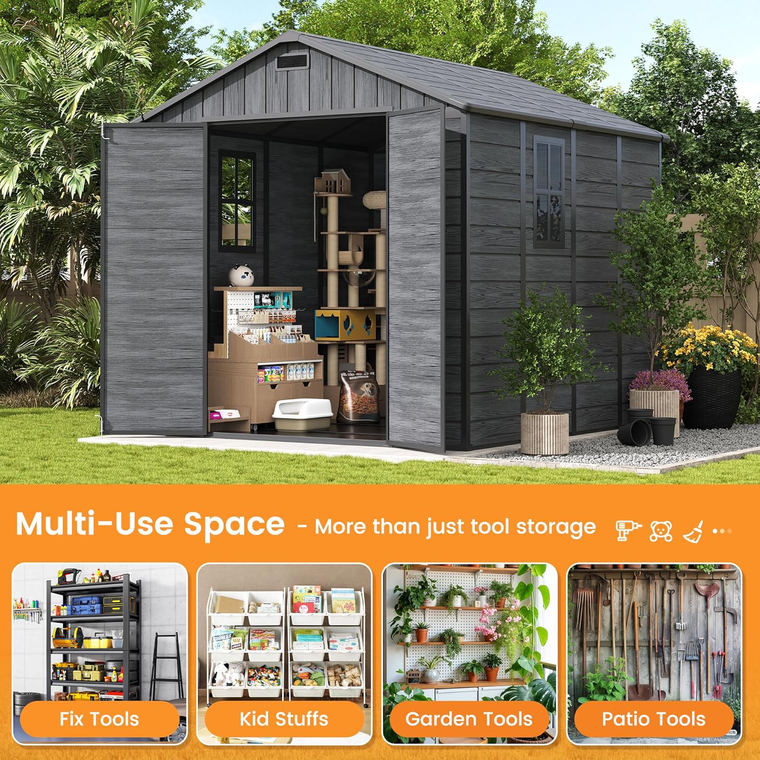 UDPATIO 8 x 8 FT Resin Storage Shed, Plastic Outdoor Storage Shed Clearance Sheds with Floor Included Solitude Cottage Shed She Sheds Garden Tool Shed with Lockable Door for Backyard, Patio, Dark Grey
