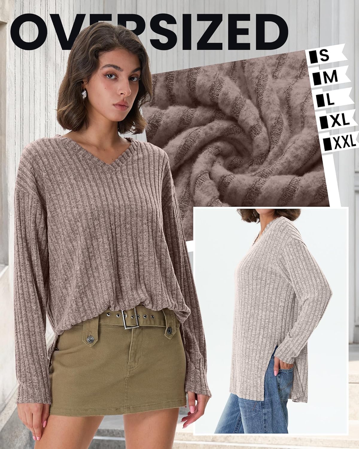 3 Pack Women's Long Sleeve Oversize Tops, V Neck Ribbed Sweaters Knitted Side Slits Tees Casual Pullover Shirts - Image 5