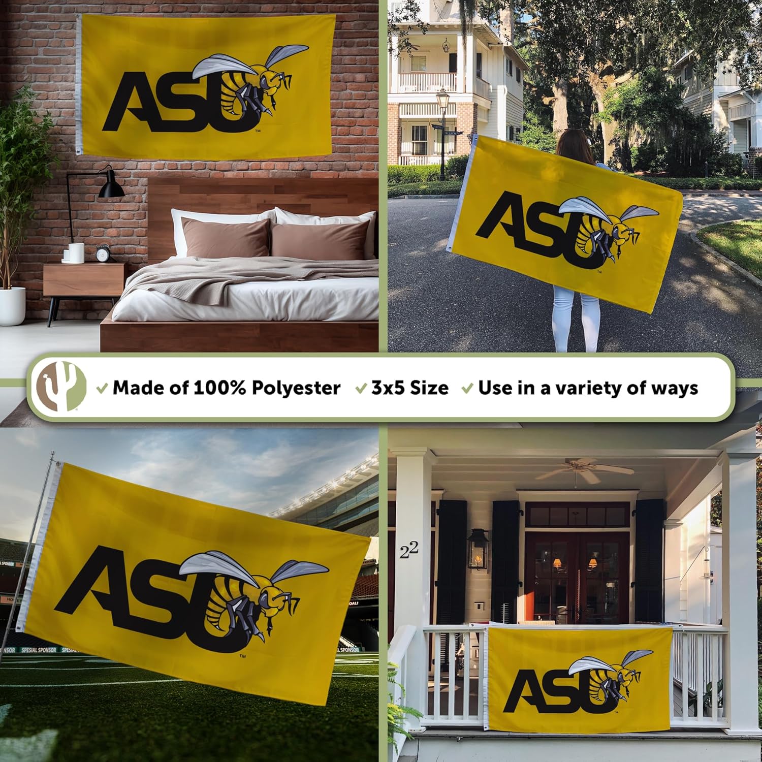 Desert Cactus Alabama State University ASU Flag - 3 x 5 Feet Hornets Banner, Indoor/Outdoor Durable Fabric, 100% Polyester Design (Style 1a) - Image 3