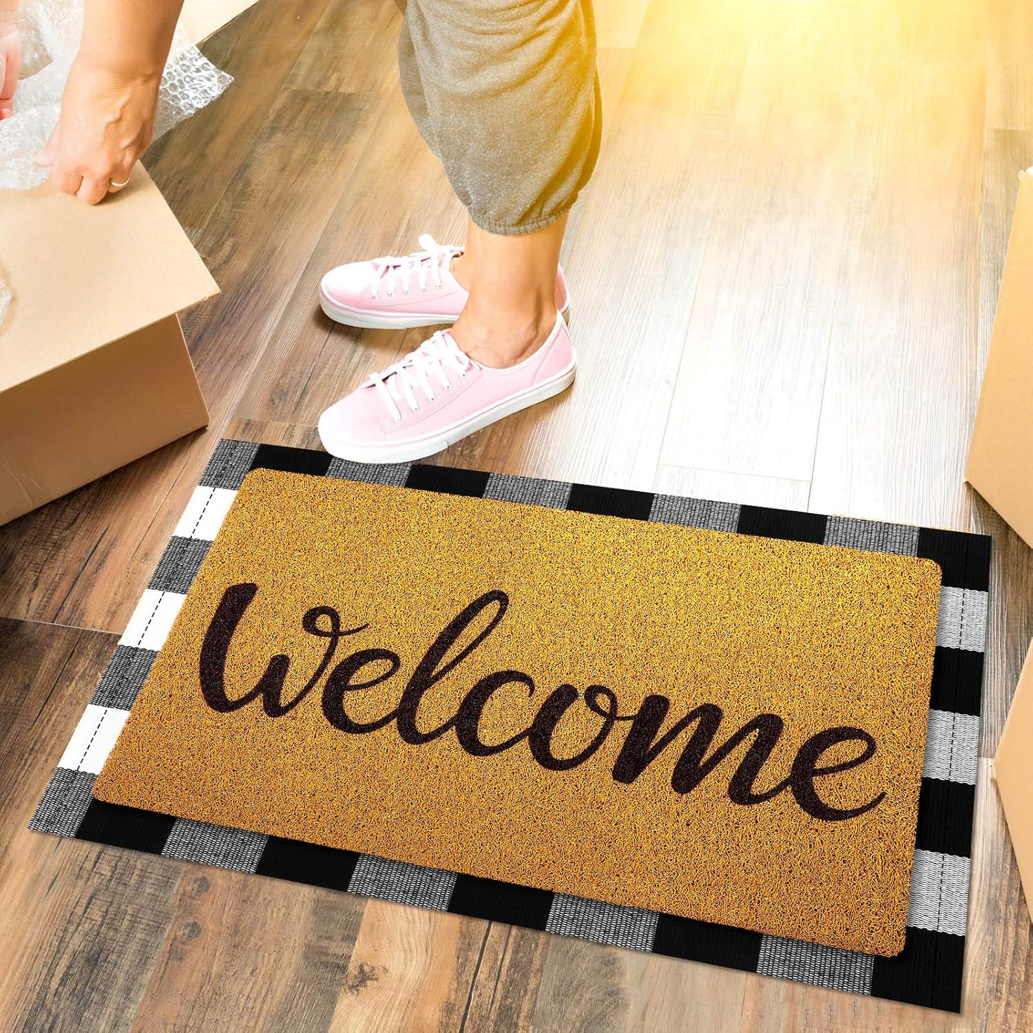 2 Pieces Welcome Doormat Non Slip Entryway Indoor Outdoors Mats Imitation Coir Doormat Buffalo Plaid Rug for Layering Decorative Front Door Entrance