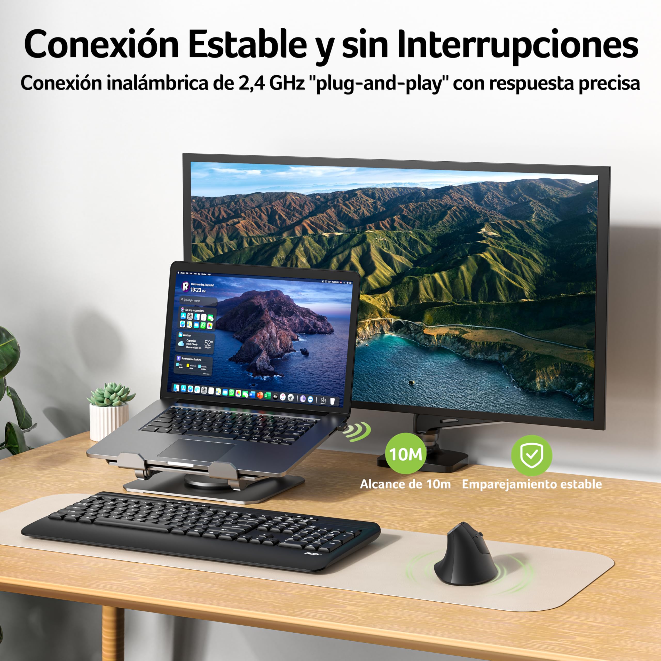 Acer Ratón Ergonómico 2.4G, Ratón Vertical Inalámbrico 1600 dpi | Wireless Mouse Recargable con Receptor USB-A para PC y Portátiles, Compatible con Windows, macOS, Linux, etc.