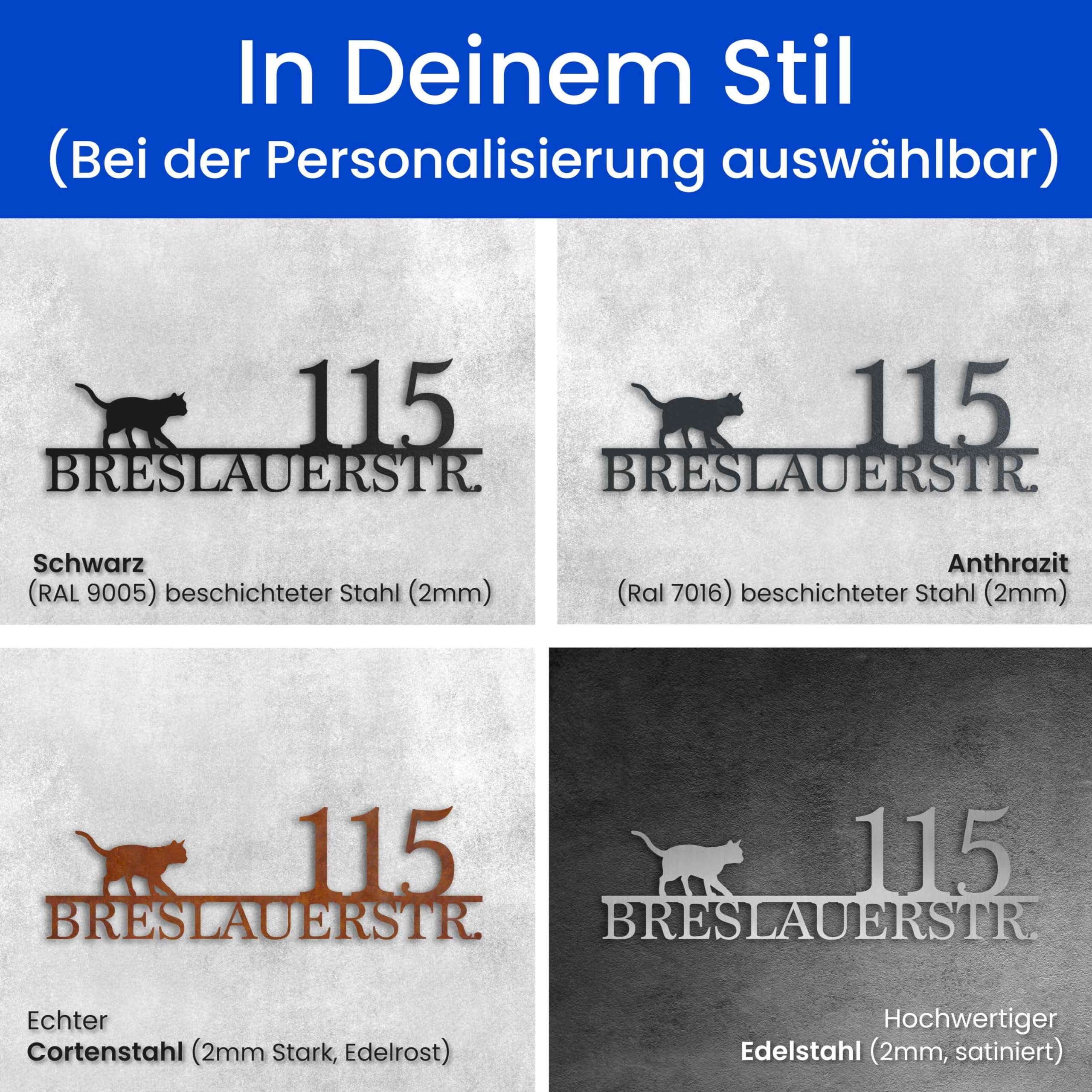 Steelmonks Straßenschild mit Hausnummer. Metall Adressschild und Plakette als Haustürschild oder Einweihungsgeschenk (Straßenschild mit Katze)
