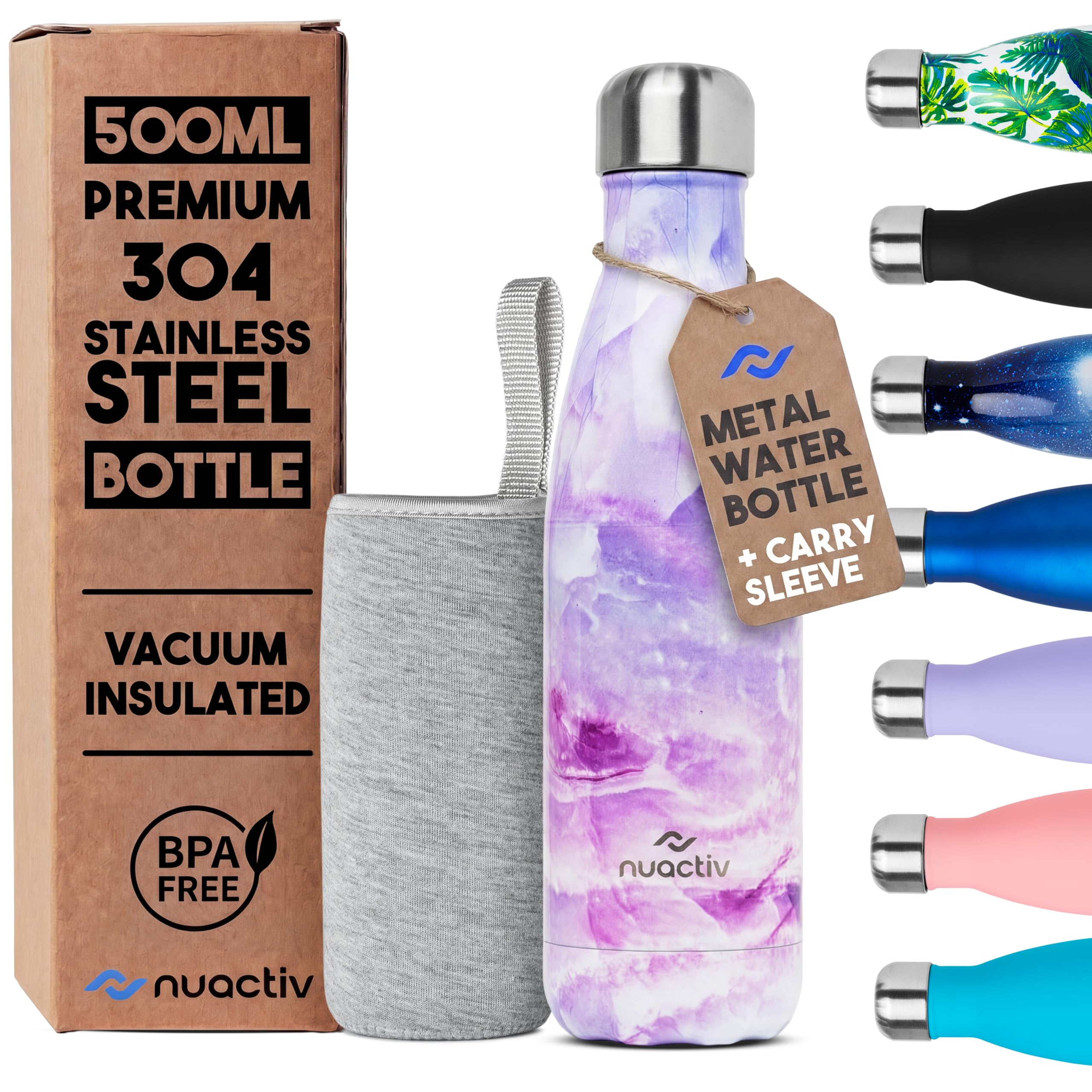 Stainless Steel Water Bottle 500ml, Insulated Metal Water Bottle, Reusable Drinks Bottle, Vacuum Thermal Flask, Leakproof Bottle, Keeps Drinks Cold 24h Hot 12h, For Gym Travel Work School