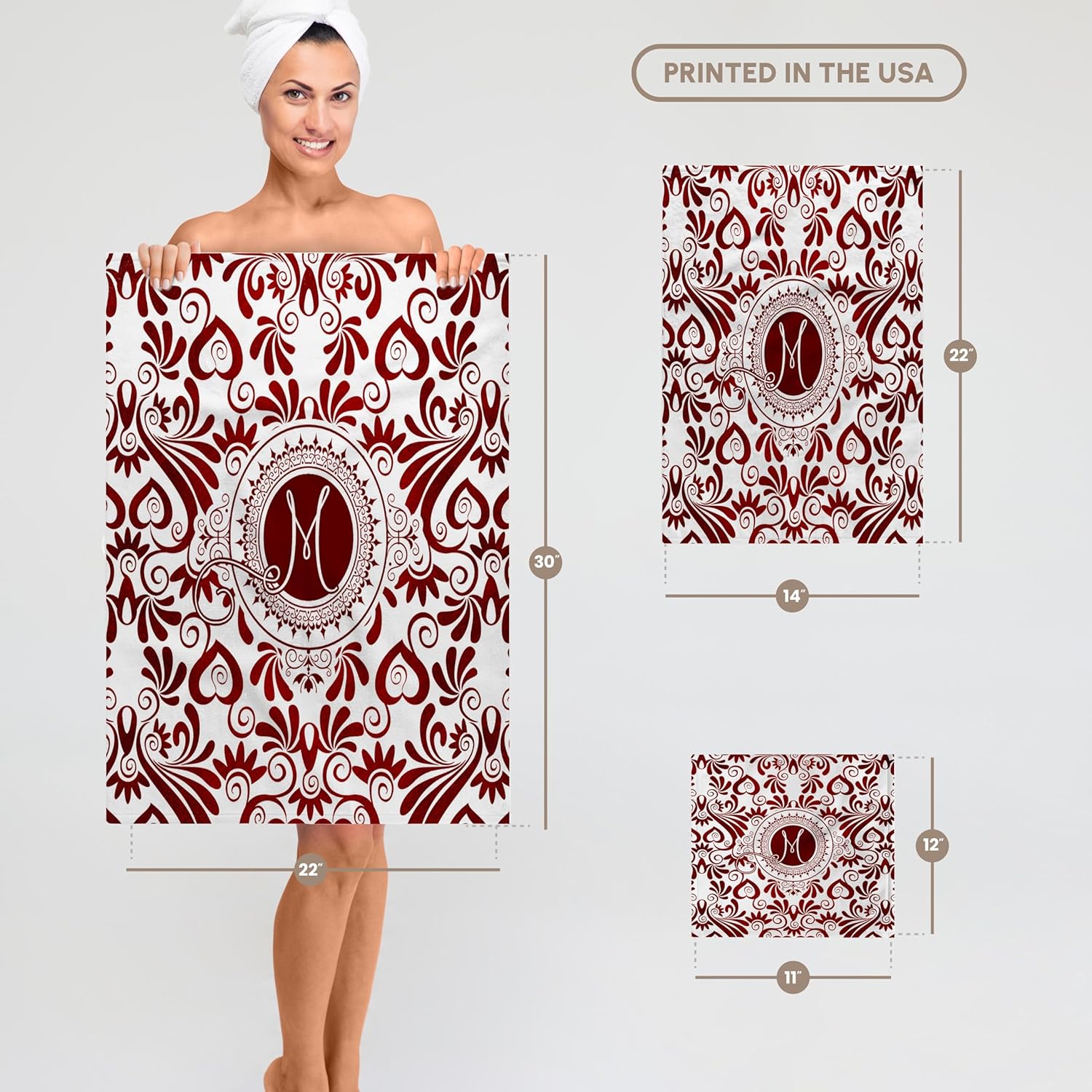 3dRose Monogrammed Red and White Elegance with Letter M 22x30 Bath Hand Pool Towel