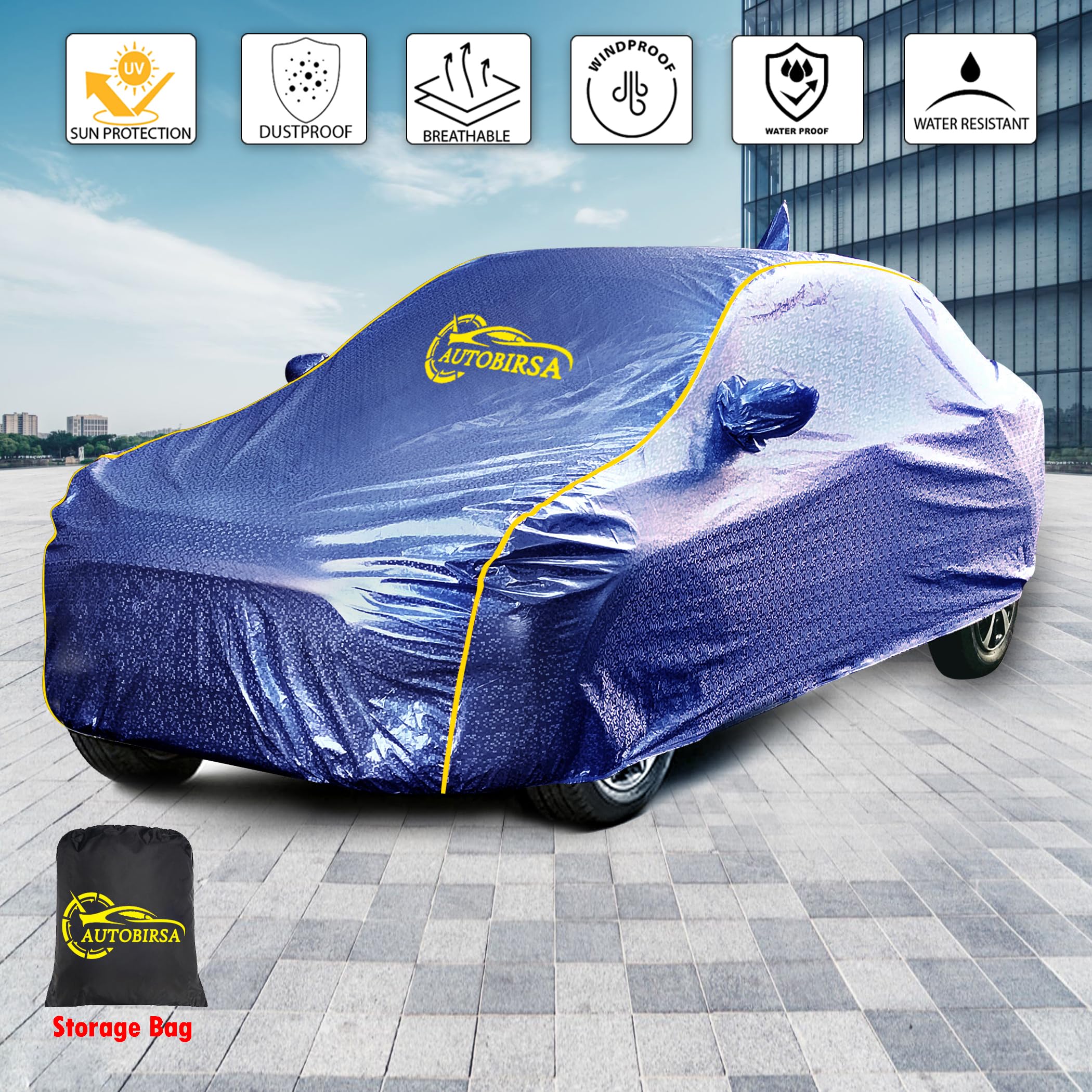 AUTOBIRSA Waterproof Car Body Cover for Hyundai Exter Car Cover with Mirror and Anteena Packet Fully Sefty Car Cover (Oxford Fabric & Mattellic Blue with Yellow Piping) 3