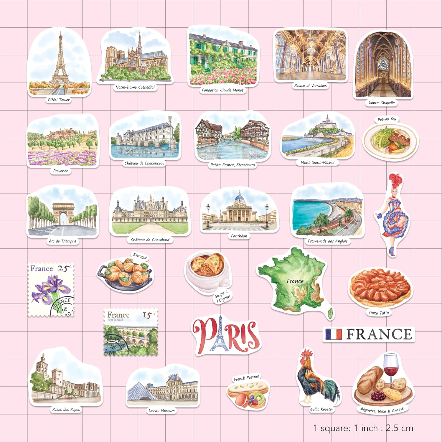 Navy Peony Fabled France Statement Stickers - Hand-Illustrated Watercolor, Glossy, Waterproof - for Luggages, Laptops, Water Bottles (28 Pcs) image 2