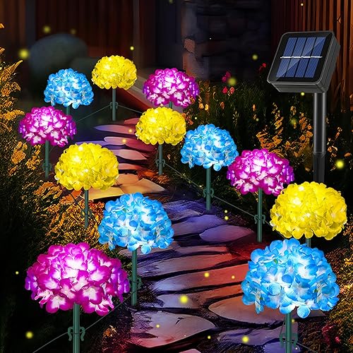 Enhon Paquete de 12 luces solares de flores, luces solares para camino con hortensias de seda, flores iluminadas impermeables para exteriores,