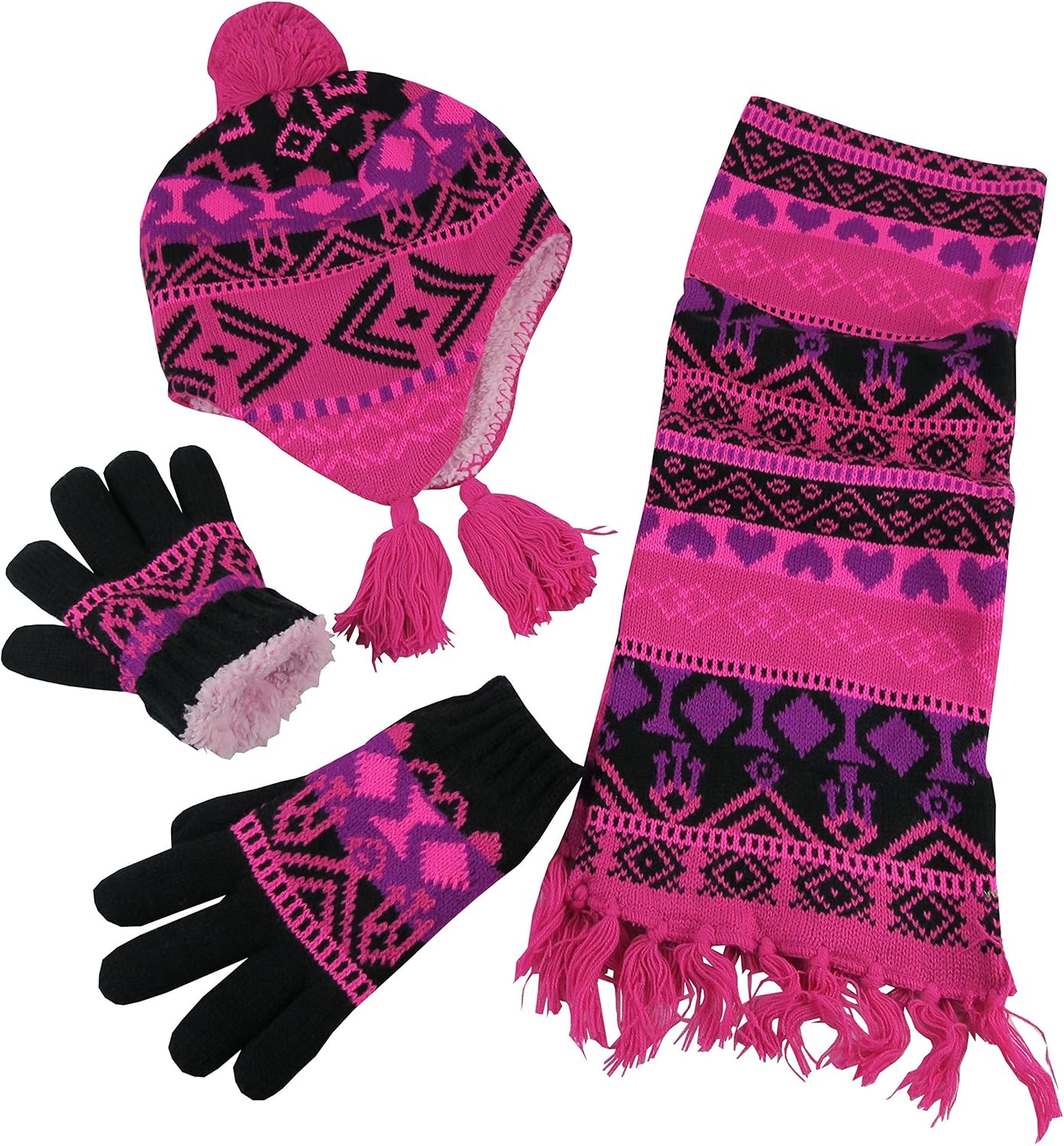 N'Ice Caps Big Girls Sherpa Lined Printed Hat/Scarf/Glove Knitted Accessory Set: Clothing, Shoes & Jewelry