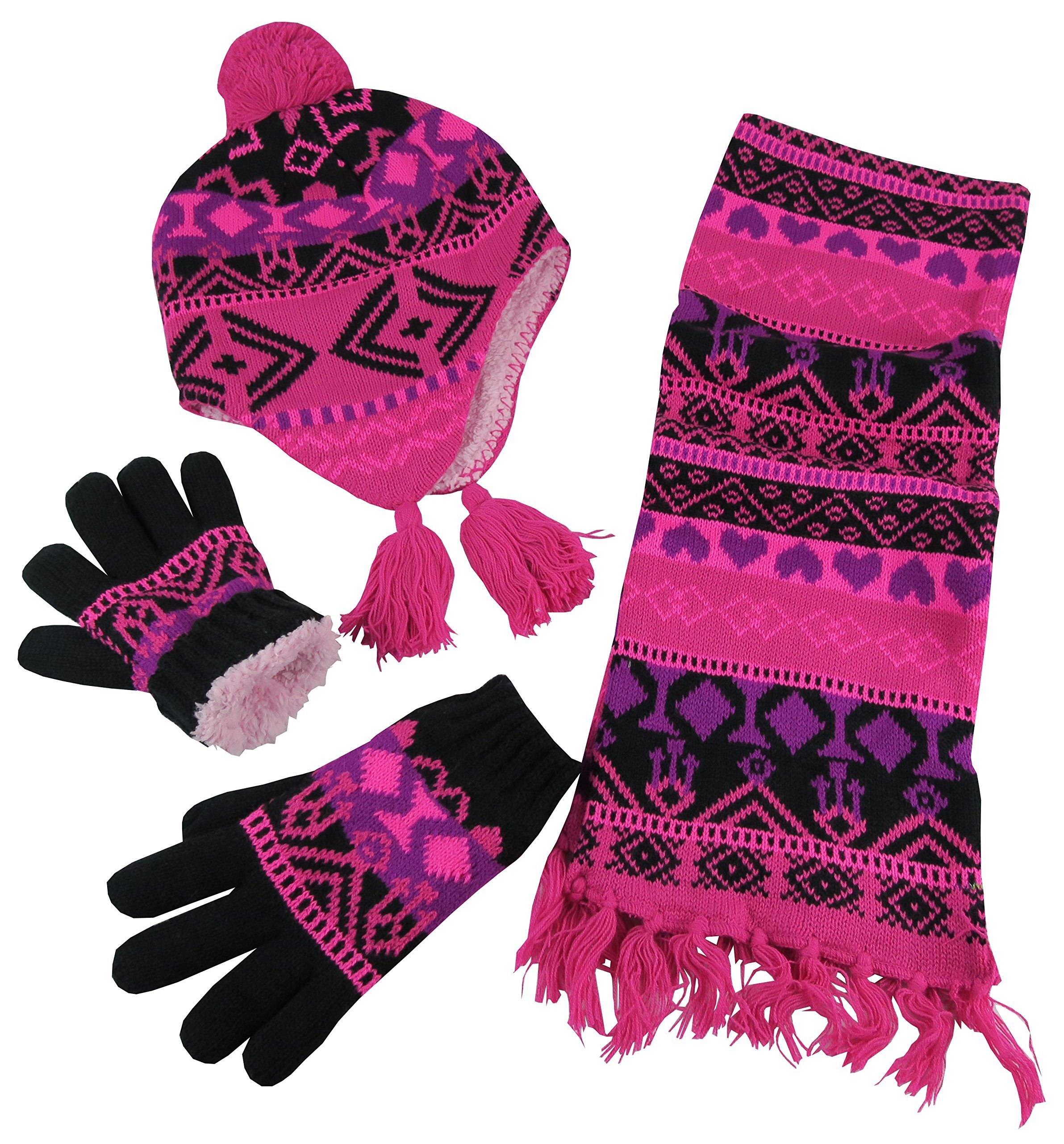 N'Ice Caps Kids Hat Glove Scarf Girls 3 Piece Winter Knit Set Sherpa Lined