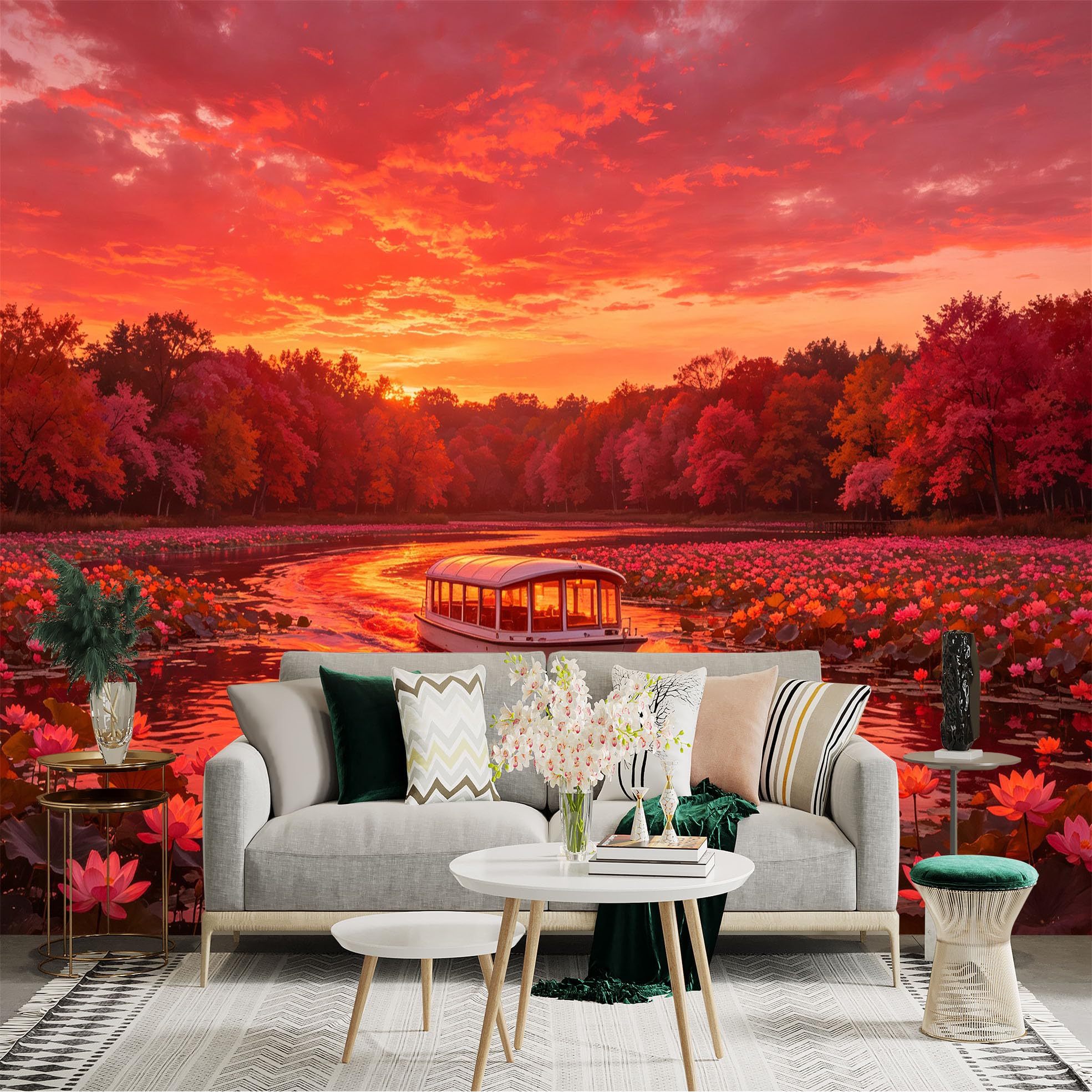 Custom Size Wall Sticker Mural， Sunset Over Lotus Lake， Boat Cruising on Water， Vibrant Red Forest Scenery， for wall Decoration， peelandstick wall Decals.