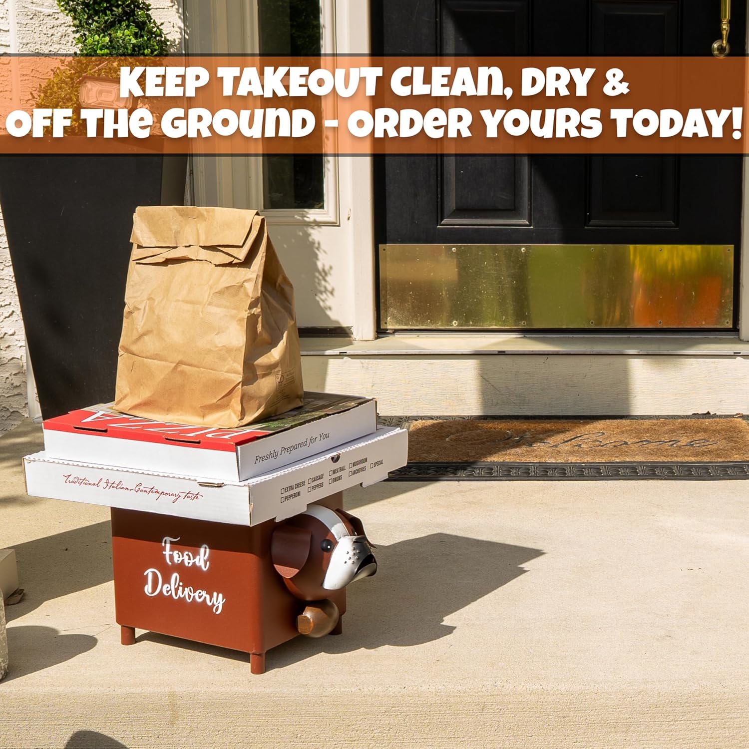 Made Easy Kit Elevated “Food Delivery” Drop Box – with Signage for Driver Clarity – Metal and Wood Stand for Takeout Orders – As Seen on the News – Outdoor Door & Porch Decor with Storage (Brown Dog)