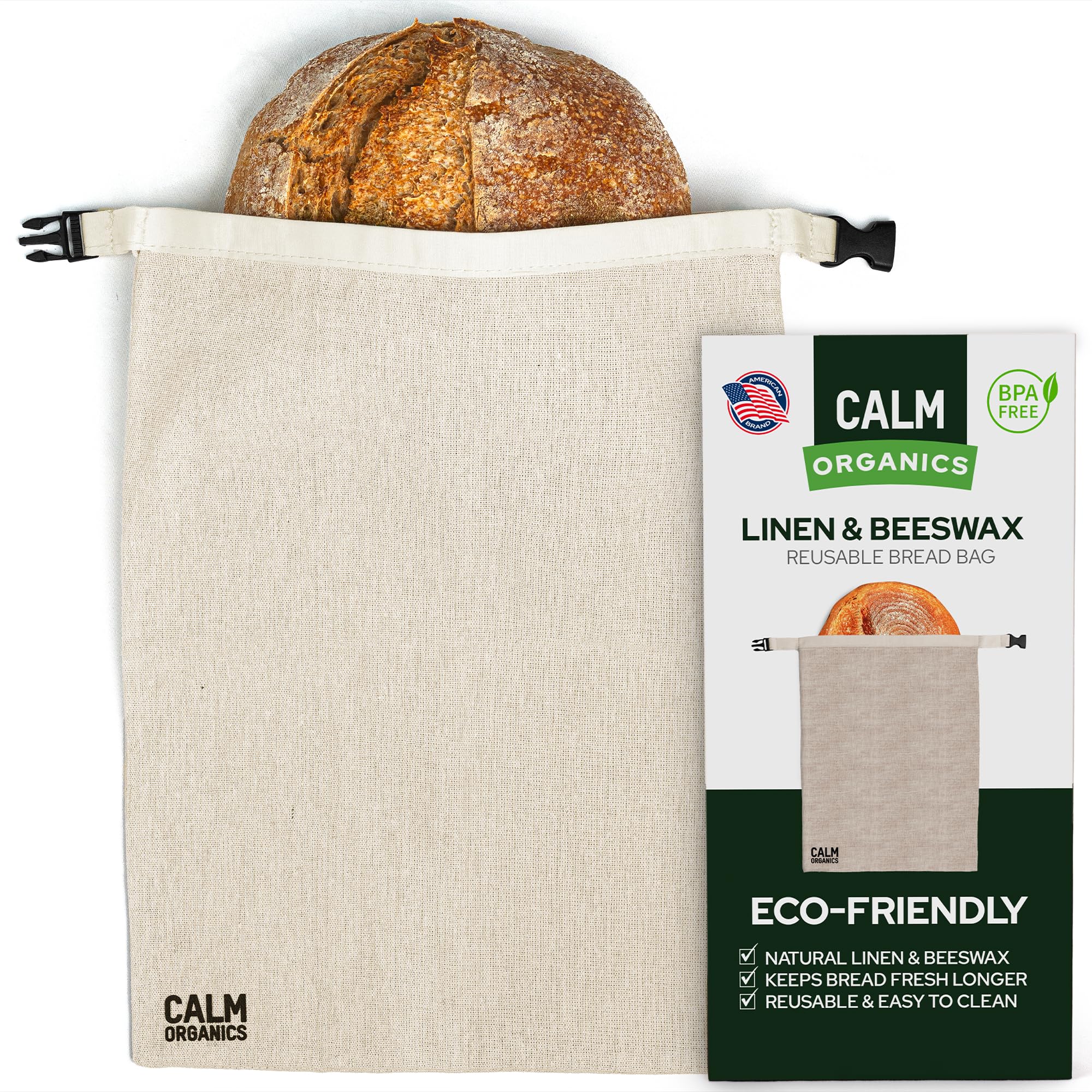 Reusable Linen Bread Bag with Beeswax Lining | Plastic-Free Food Storage for Sourdough, Baguette, Artisan Loaves | Eco Friendly | Zero Waste Kitchen Bag | Calm Organics