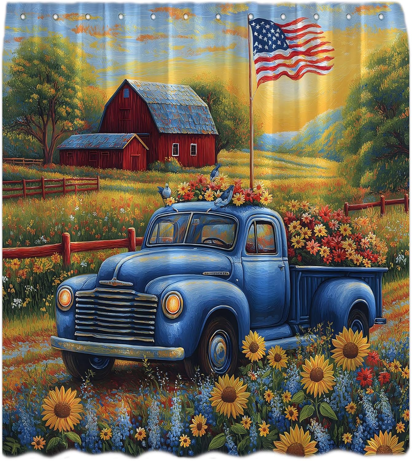 Rustic Farmhouse Shower Curtain Retro Blue Farm Truck Barn American Flag Vintage Sunflowers Antique Car Colorful Wildflower Nature Landscape Oil Painting Country Bath Curtain with Hooks