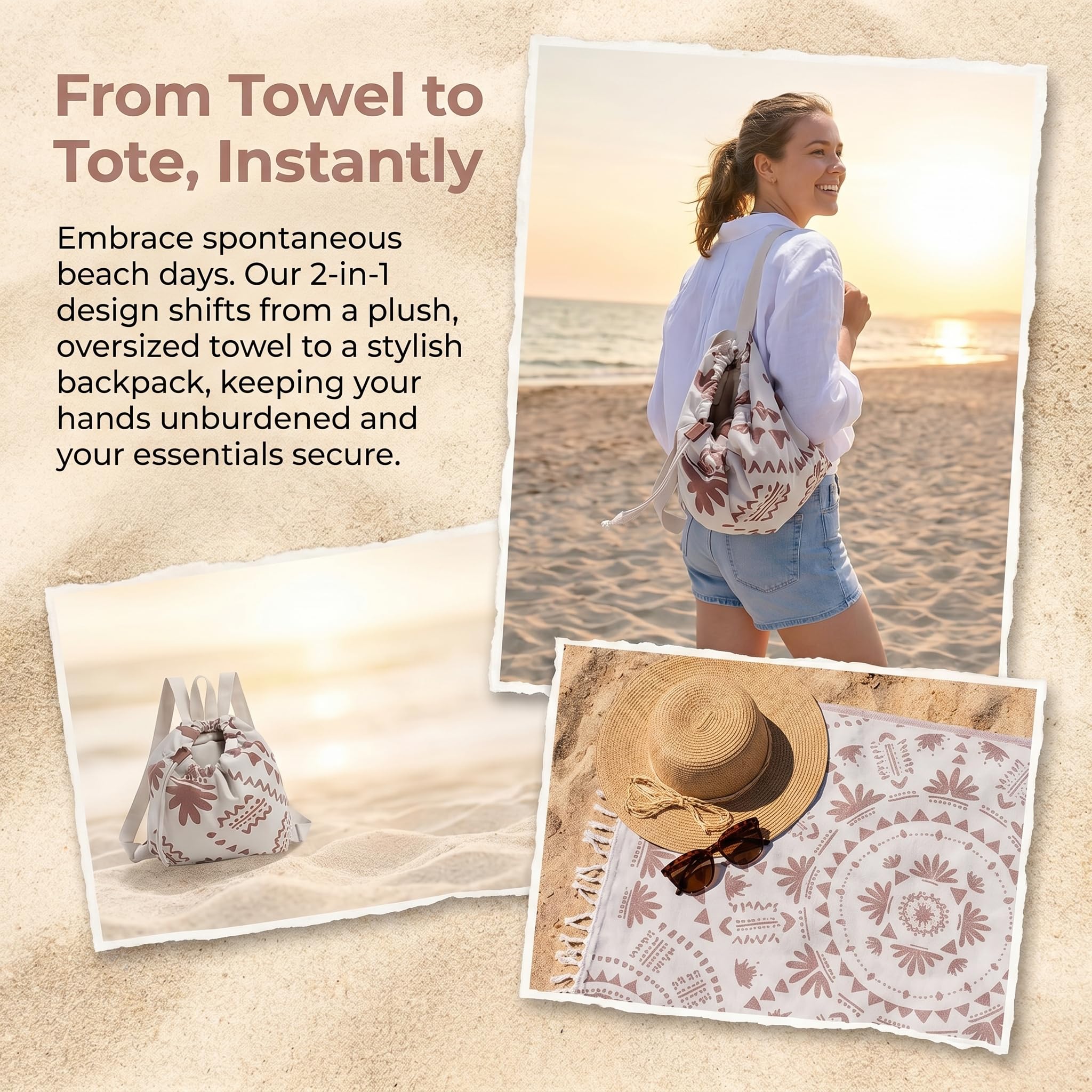Bolsa de toalla 2 en 1 y mochila de playa convertible de microfibra sin arena gran tamaño con bolsillo interior con cremallera
