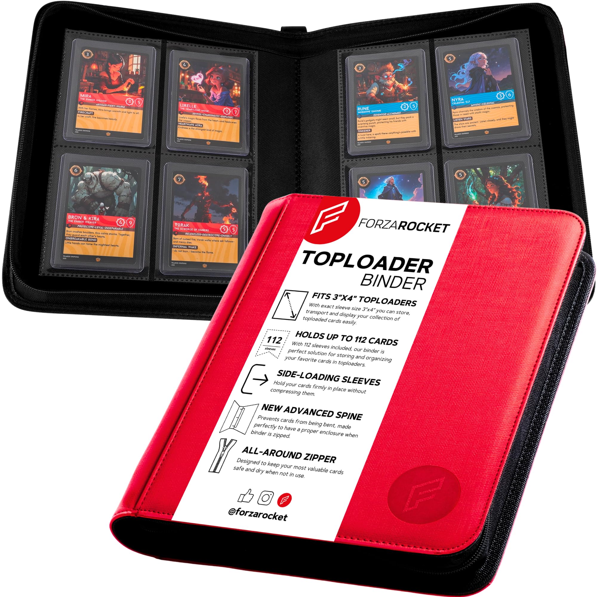 Forzarocket 112 Toploader Binder | 4-Pocket Zippered Ringless Album for TCG & Sports Cards | PU Leather Side-Load Storage