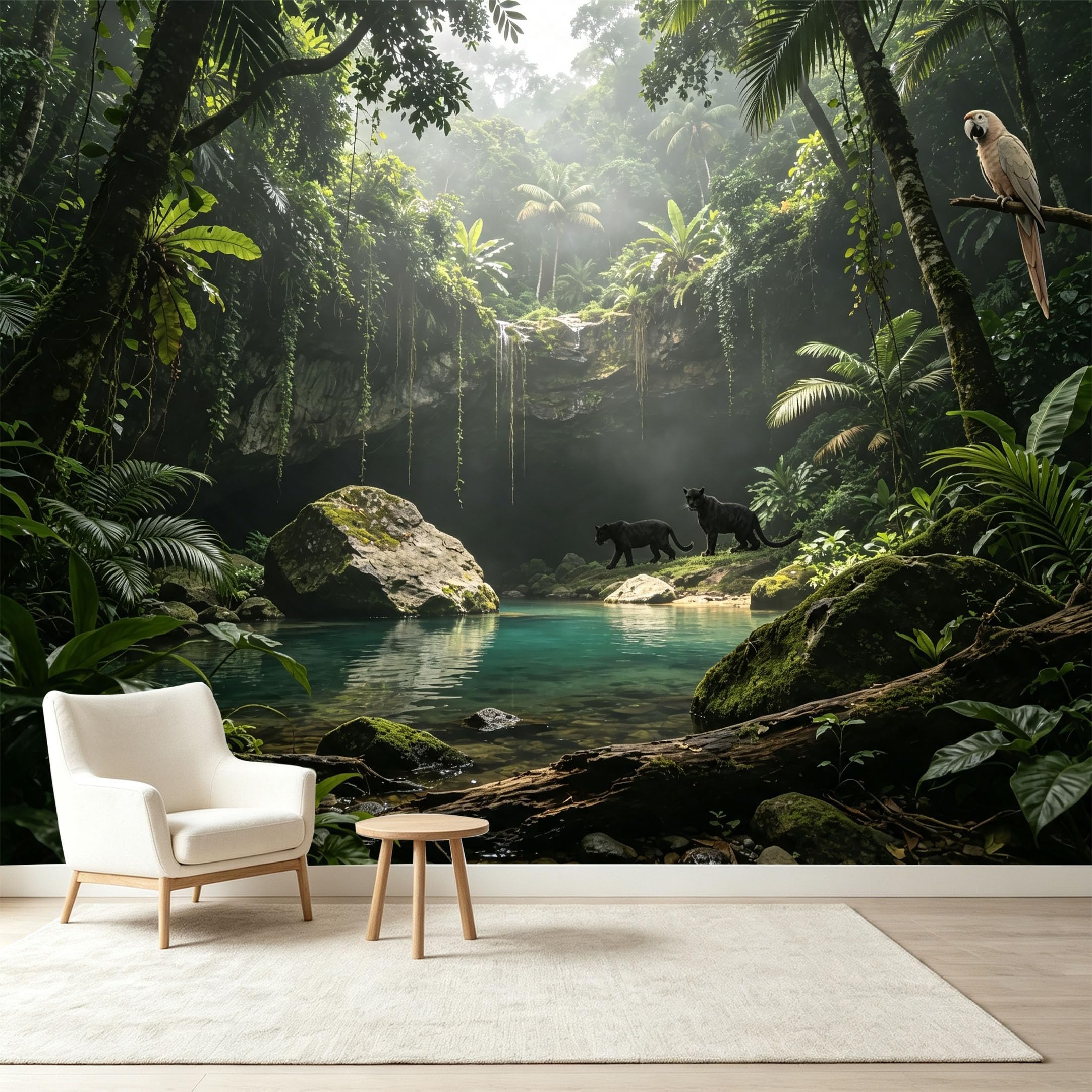 Custom Size Wall Murals Tropical Jungle Rainforest Panther Lake Waterfall Exotic Parrot Self-Adhesive Wall Fabric Removable Wallpaper Wall Decor for Living Room Bedroom Bathroom