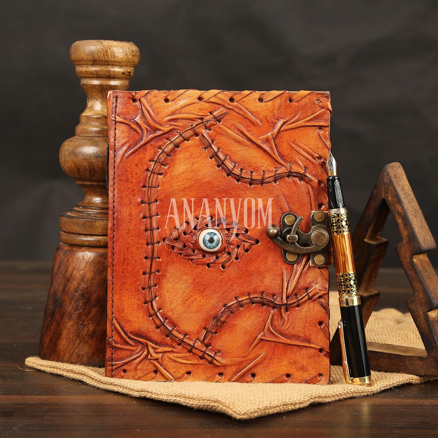 Handmade Leather Journal, Brown, Hocus Pocus Spell Eye Design, Genuine Leather Notebook Diary, Sketchbook with Brass Clasp Lock, Embossed Journal for Men & Women, Office Journal Deckle Edge