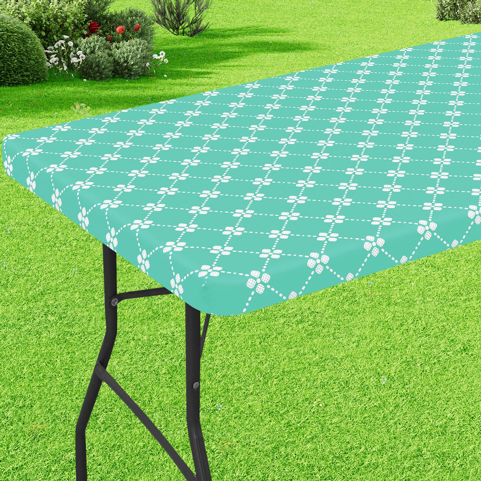 misaya Rectangle Vinyl Table Cloth, Elastic Fitted Tablecloth with Flannel Backing, Waterproof Plastic Table Cover Fits 8 Foot Folding Tables for Camping, Indoor and Outdoor (Aqua, 30" x 96") โ image 1