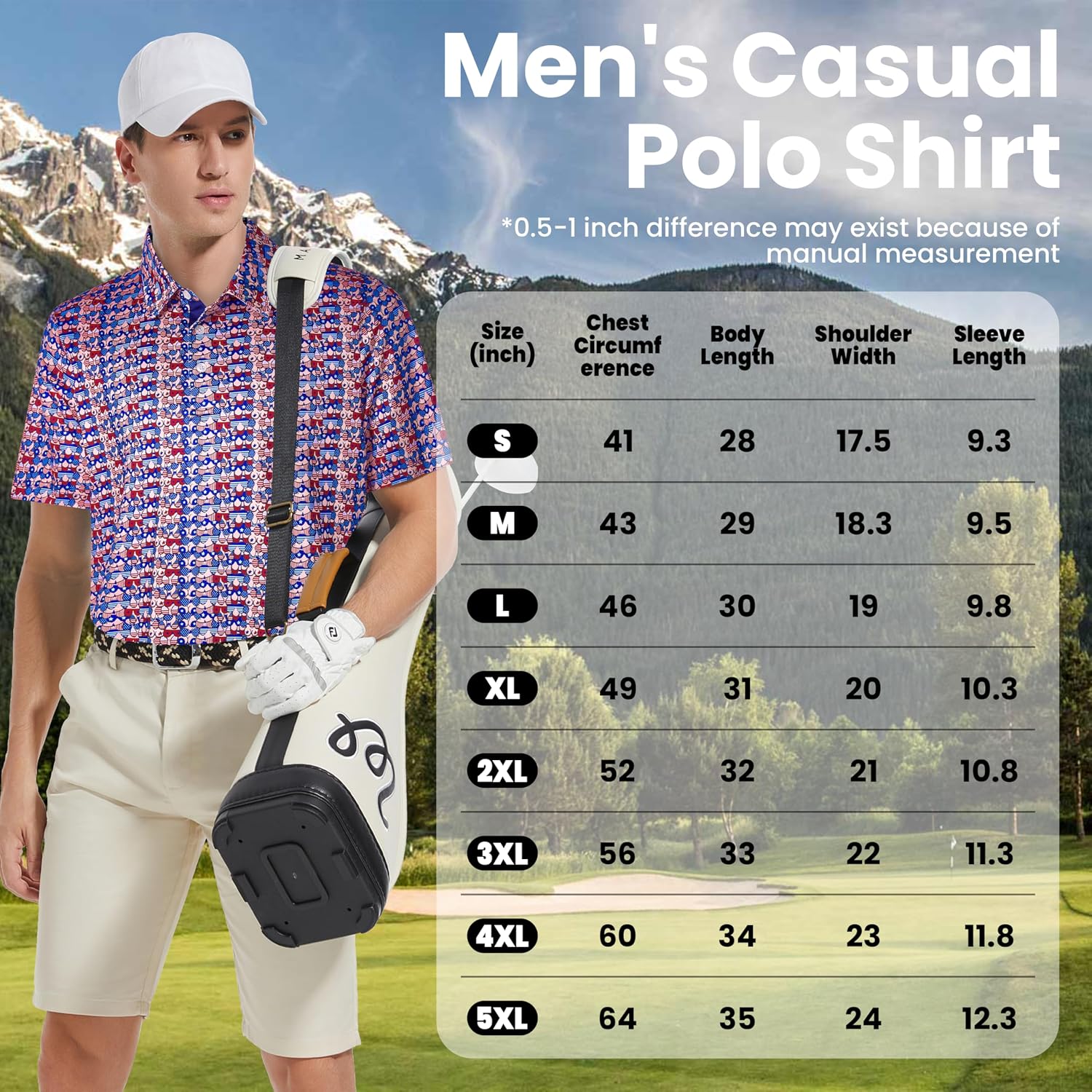 Mens Golf Shirt Moisture Wicking Dry Fit Print Performance Short Sleeve Polo Shirts for Men