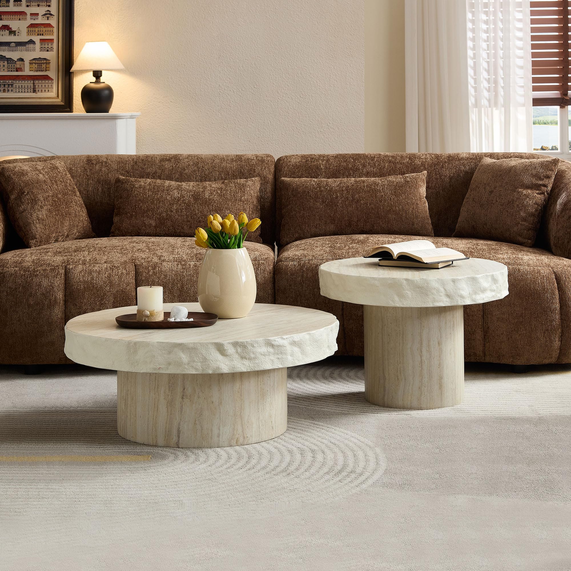 Round Coffee Table Set of 2 Faux Marble Pattern Center Table Imitation Stone Cement Table with Side Table