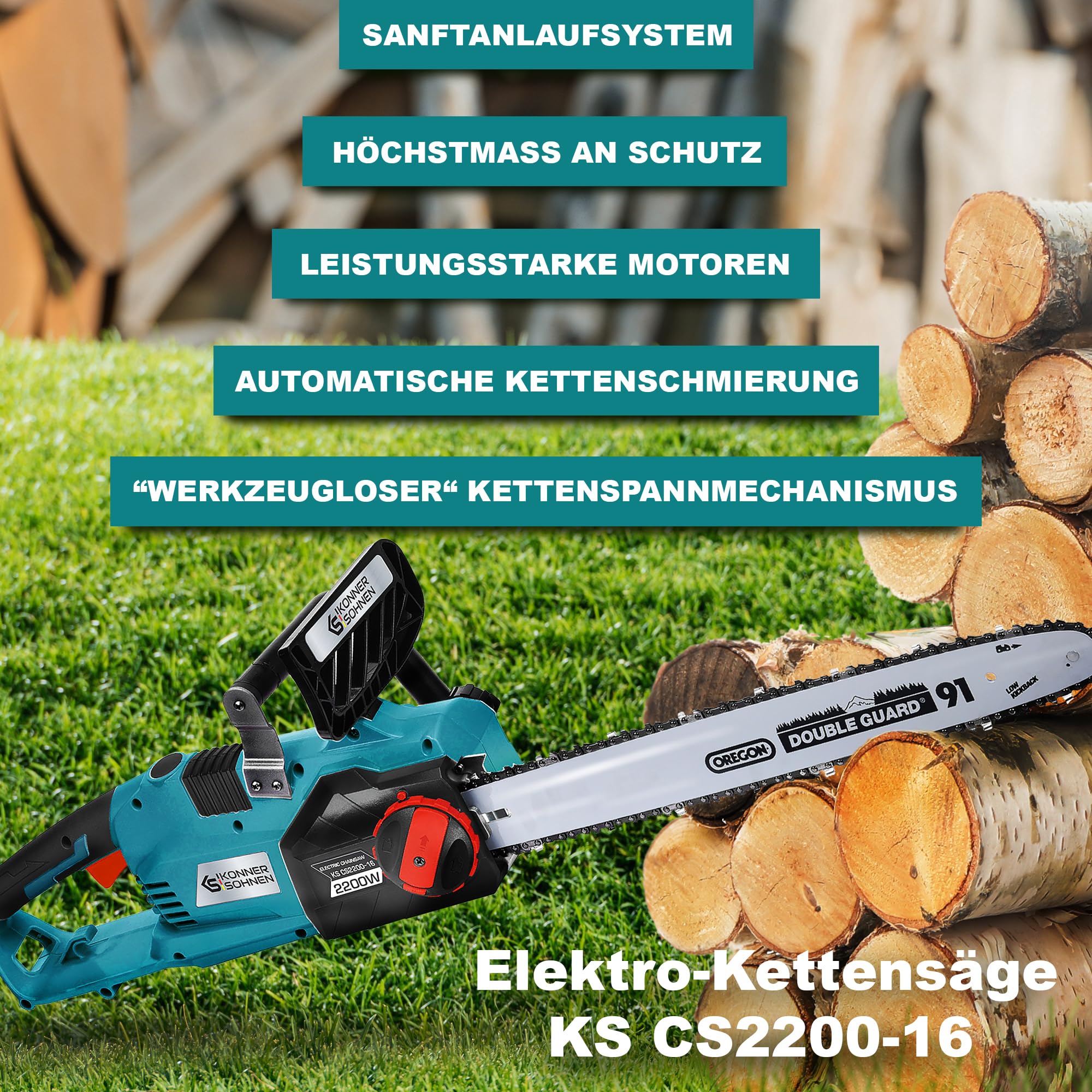 Elektryczna piła łańcuchowa KS CS2200-16, moc 2200 W, długość łańcucha 16" (40 cm), prędkość łańcucha 14 m/s, napięcie łańcucha bez narzędzi