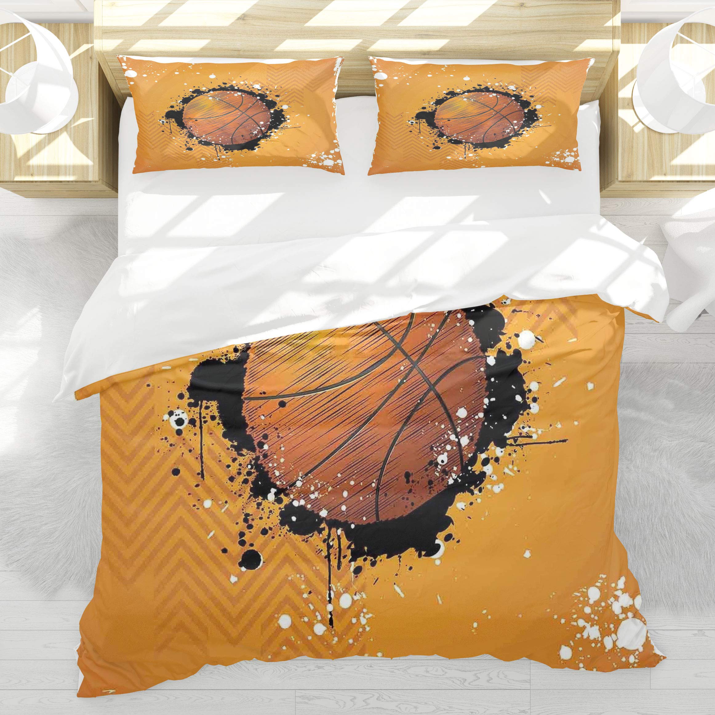 Parure de couette basket imprimé sport orange et noir 220x240cm haut de gamme
