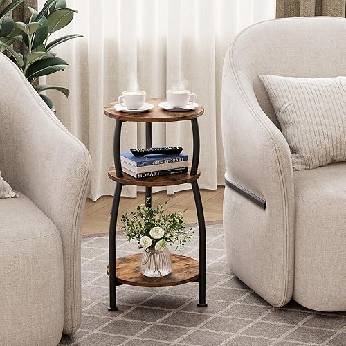 Miniatura 5 de Mesa auxiliar redonda pequeña, mesa auxiliar de 3 niveles con estante de almacenamiento, mesa de sofá delgada, mesa de café, mesita de noche Marrón