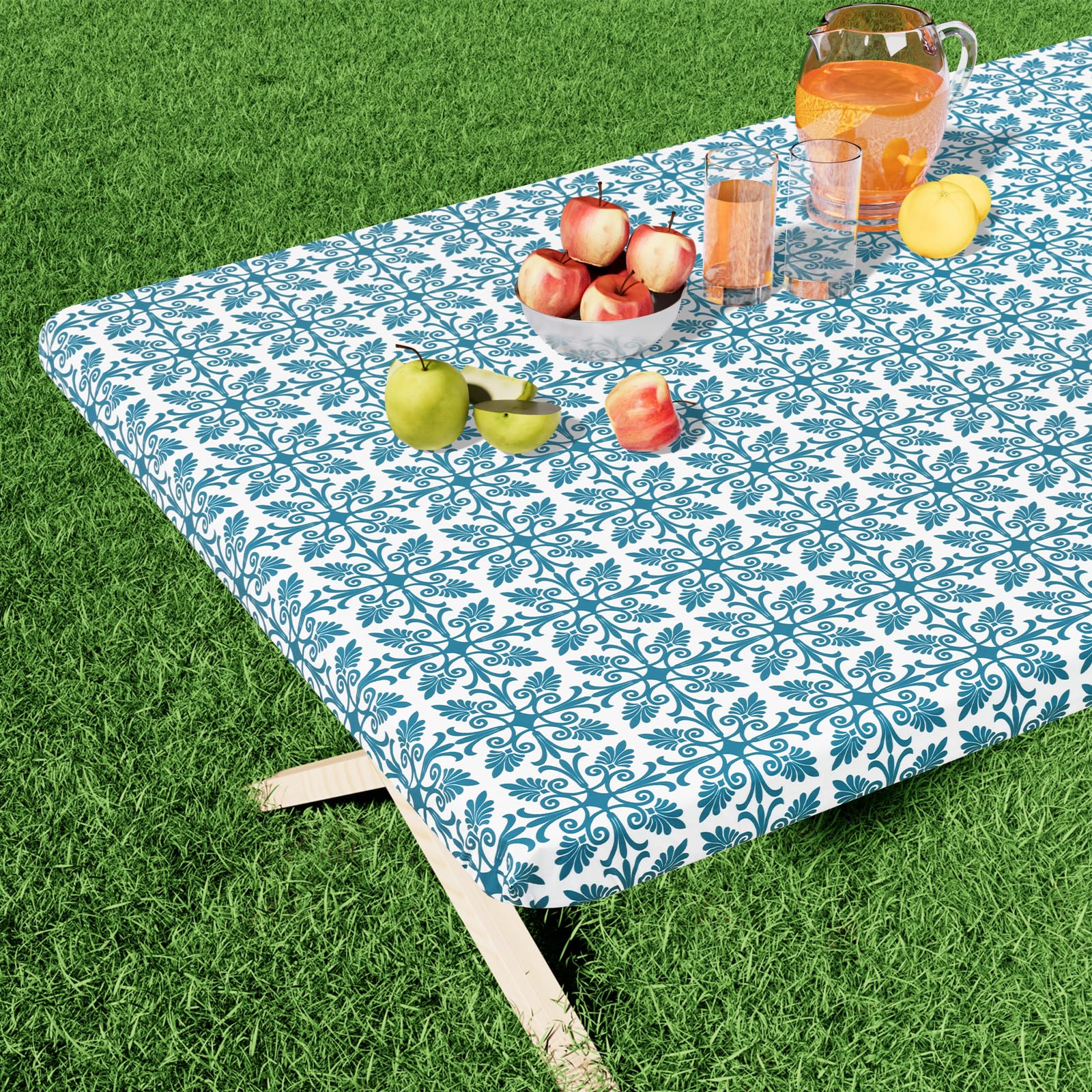 misaya Rectangle Vinyl Table Cloth, Elastic Fitted Flannel Backed Tablecloth, 100% Waterproof Plastic Table Cover Fits 4 Foot Folding Tables for Picnic, Camping, Outdoor (Turquoise, 30" x 48") — image 1
