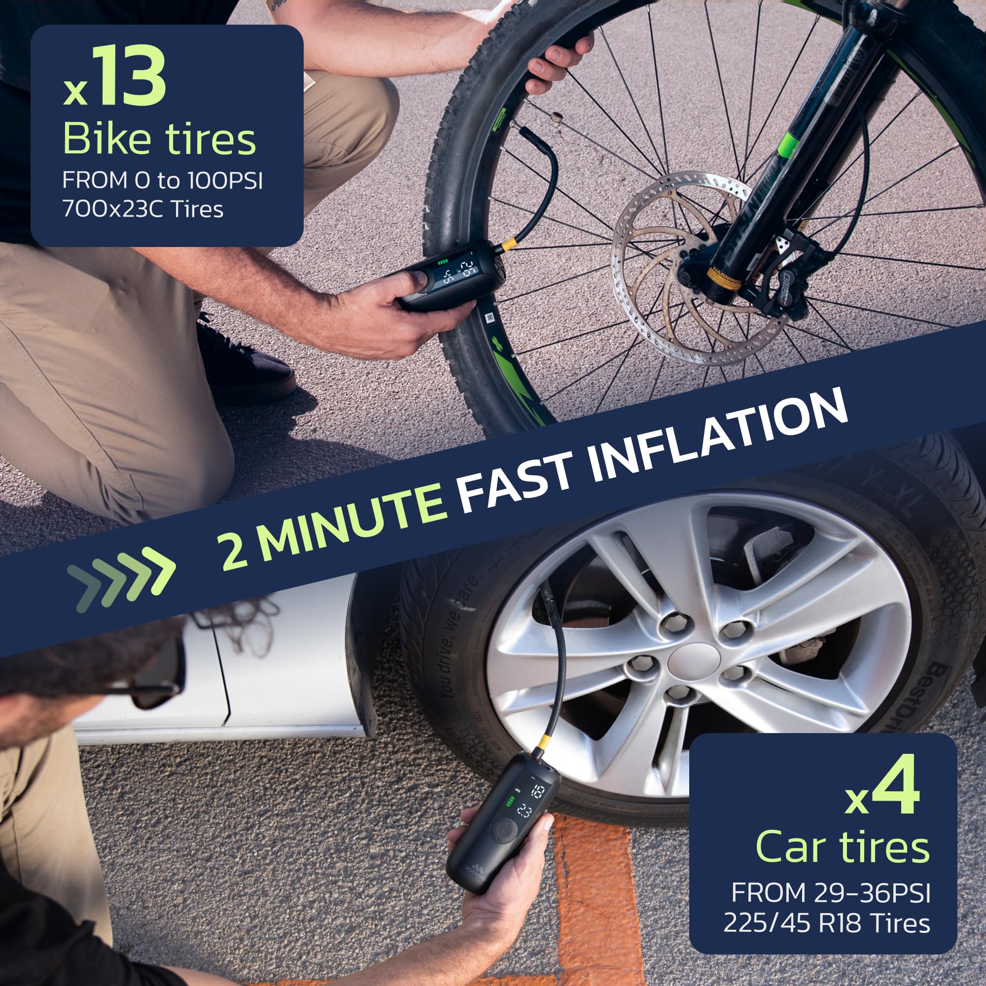 Woowind Compresor Aire Portatil 150PSI/10,3Bar, Bomba Bicicleta, Inflador Ruedas Coche, Hinchador Ruedas Coche, Apagado Automático + Woowind Tire Sealant Pro Sellador de Neumático Paquete