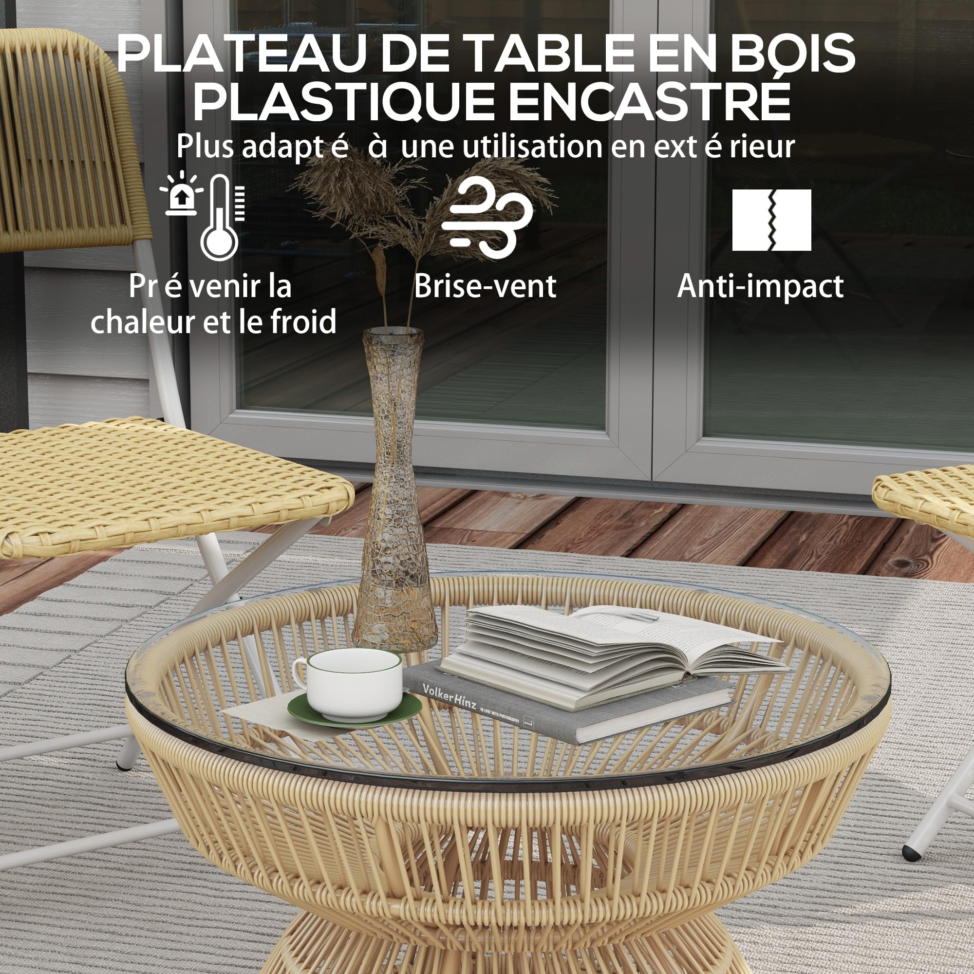 Outsunny Table Basse de Jardin Ronde, Table d'appoint en résine Aspect rotin et Plateau Verre trempé Ø60 x 37H cm Naturel