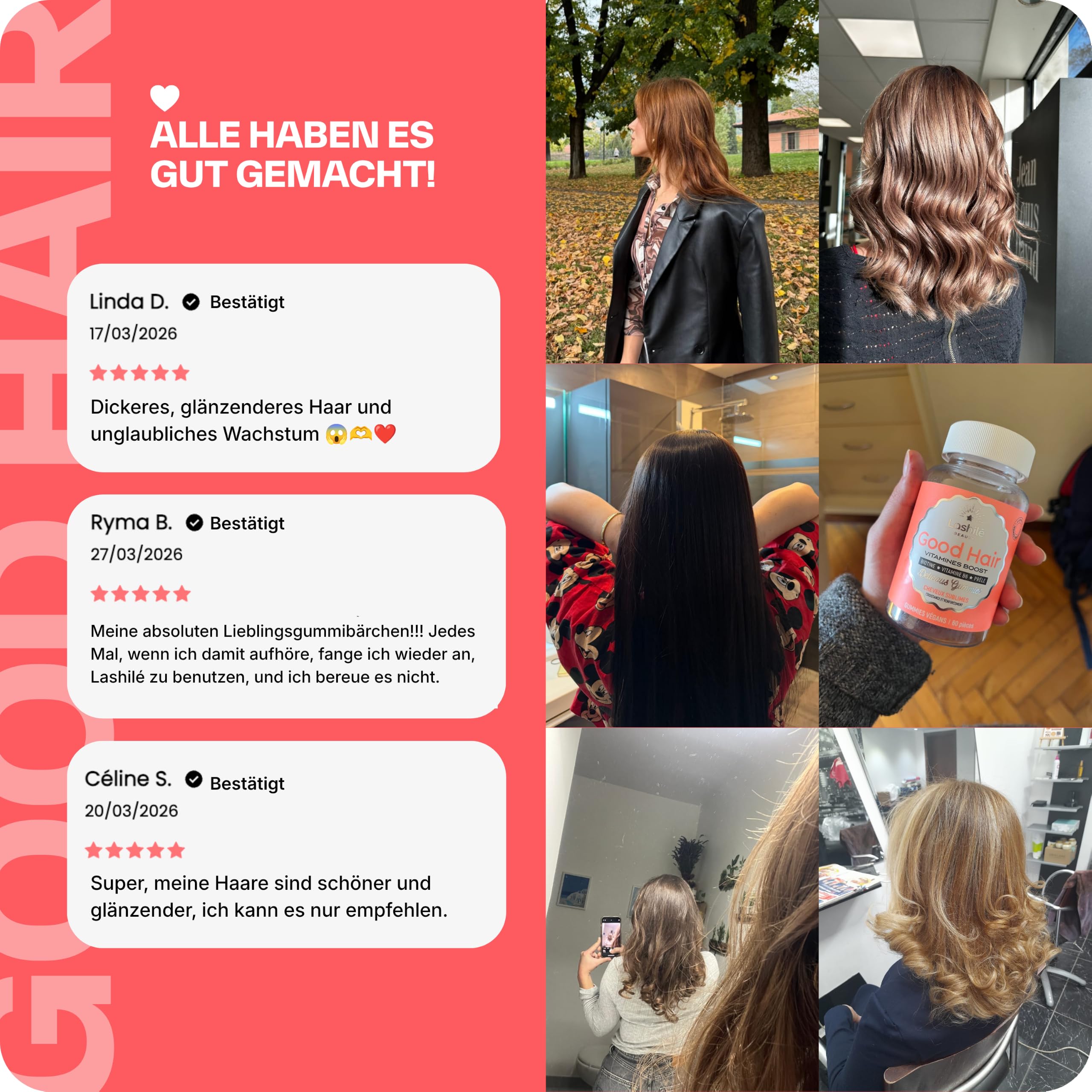 Lashilé Beauty Good Hair – Nahrungsergänzungsmittel für Haare mit Biotin, Zink & Folsäure – Haarwachstum & Kräftigung – Vegan, Zuckerfrei – 60 Tage-Kur, 120 Gummis