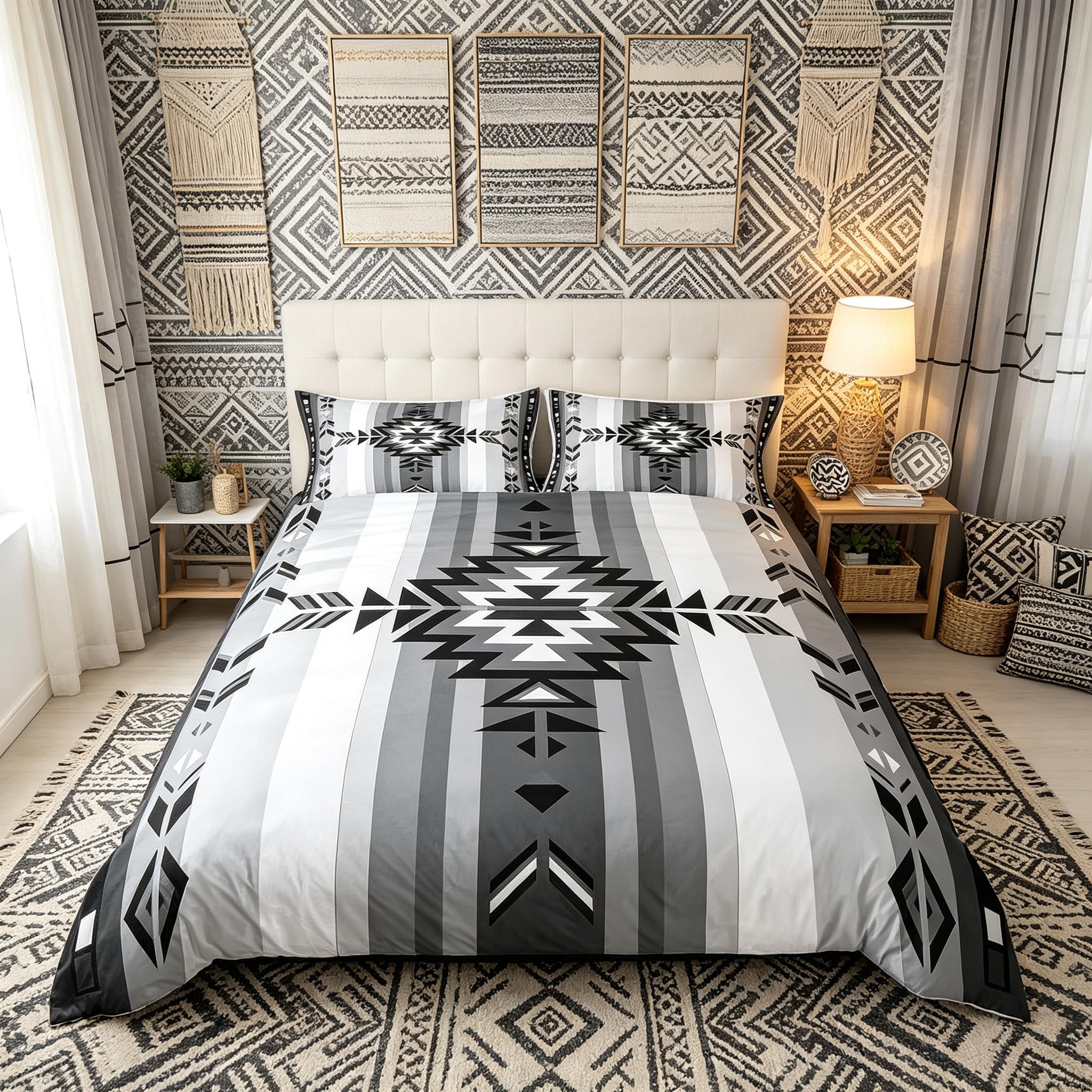 Loussiesd Southwest Native Bedding Set for Boys Girls Southwestern Geometric Duvet Cover Ombre Grey Double Size Tribal Comforter Cover Bedroom Decor Breathable Soft Lightweight Western 3Pcs