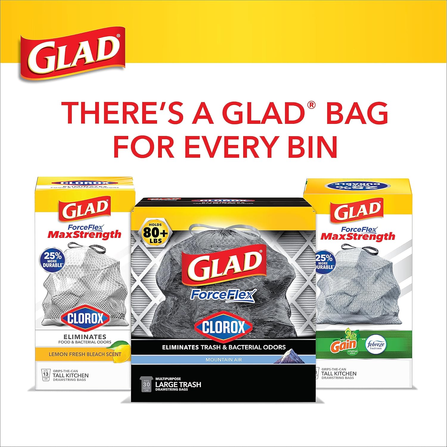Glad Trash Bags, ForceFlex with Clorox Garbage Bags, Lemon Fresh Bleach Scent, 30 Gal, 50 Ct, Package May Vary