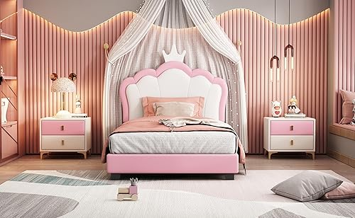 Miniatura 198 de Quarte Bonita cama de princesa tapizada de tamaño matrimonial con cabecero de corona, no requiere somier Beige/orejas de dibujos