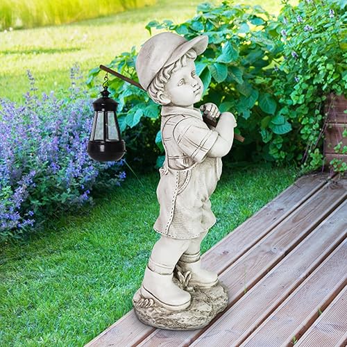 Exhart Escultura de jardín, estatua de jardín para niños con linterna solar LED, decoración de jardín al aire libre con acabado de piedra de resina,