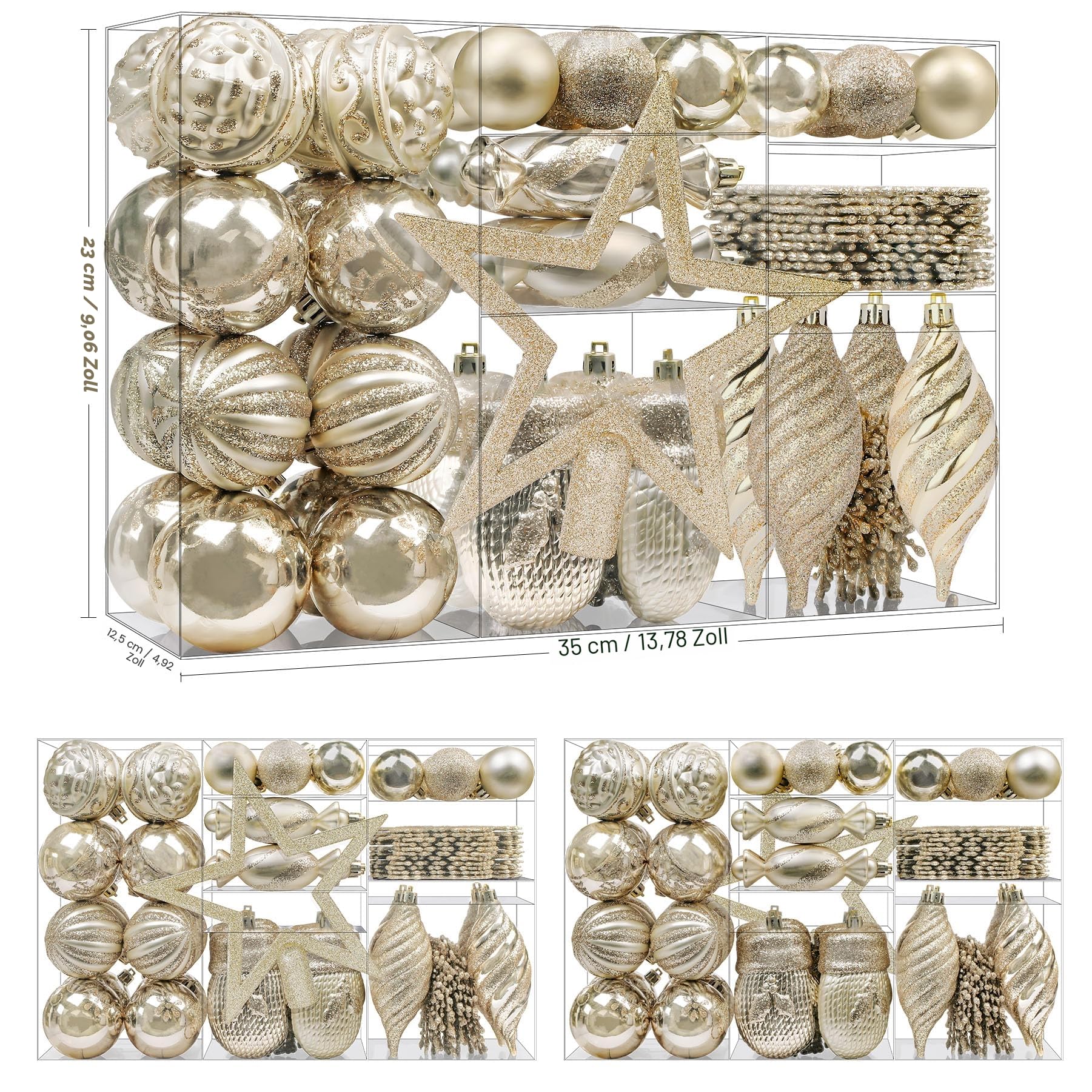 Alupssuc 80-teiliges Set mit Weihnachtskugeln in verschiedenen Formen mit Haken, Christbaumschmuck, bruchsichere Kunststoffdekorationen für Feiertage, Partys und Hochzeiten, Champagner-Gold