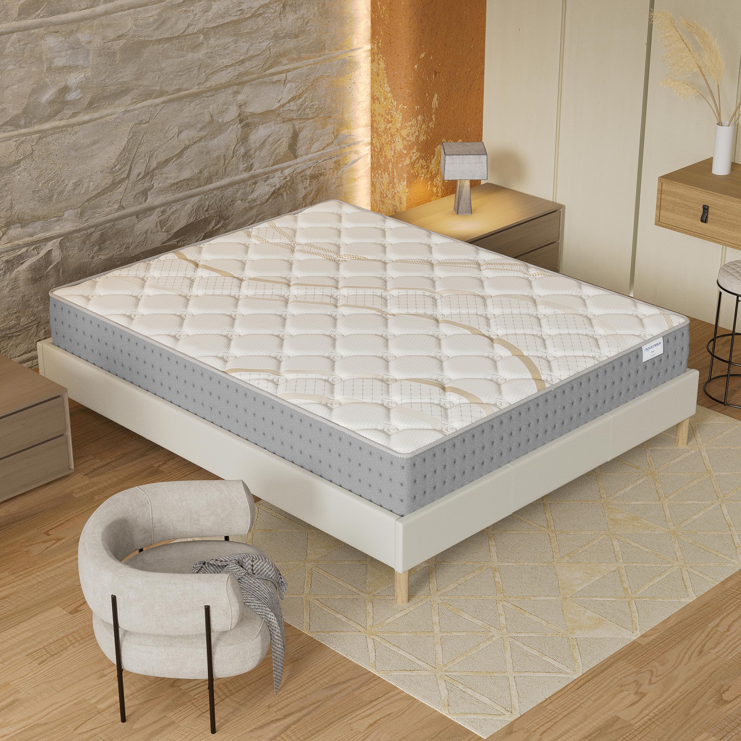 NOVEMBER- Ensemble Matelas + sommier (120 x 190cm)- Matelas Essem Ressorts ensachés & Mousse Haute Densité d’épaisseur 25cm + Sommier Bois Stable & Robuste revêtement Tissu Blanc