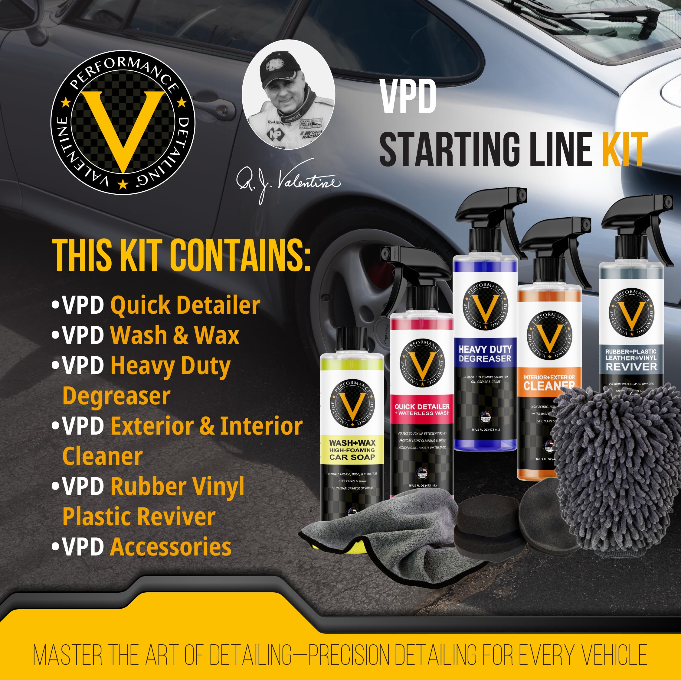 VPD Startlinien-Set – komplettes Autopflege-Set mit Hochleistungs-Fettschmierer, Wasch- und Wachs, Quick Detailer, Innen- und Außenreiniger, Gummi-Vinyl-Kunststoff-Reviver, Mikrofaser-Handtücher,