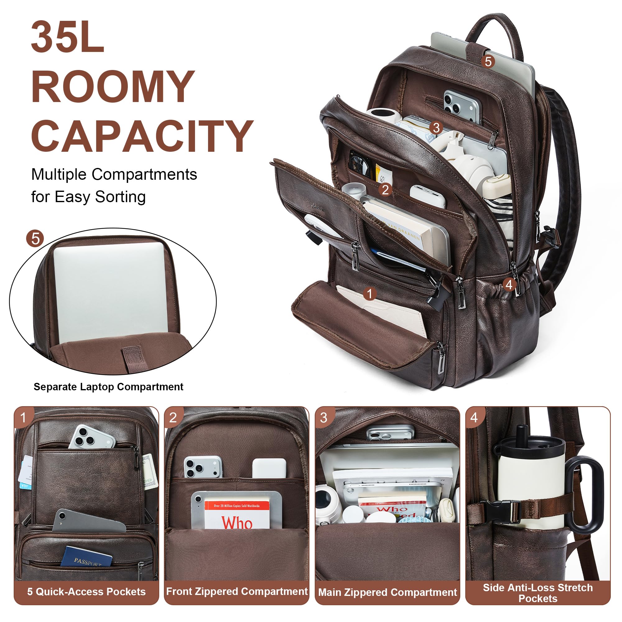 Shrrie cuoio lavoro laptop zaino computer tasca per viaggi d'affari collegio ufficio fit 17in laptop cuoio zaino tote tasca 35L spazioso zaino impermeabile