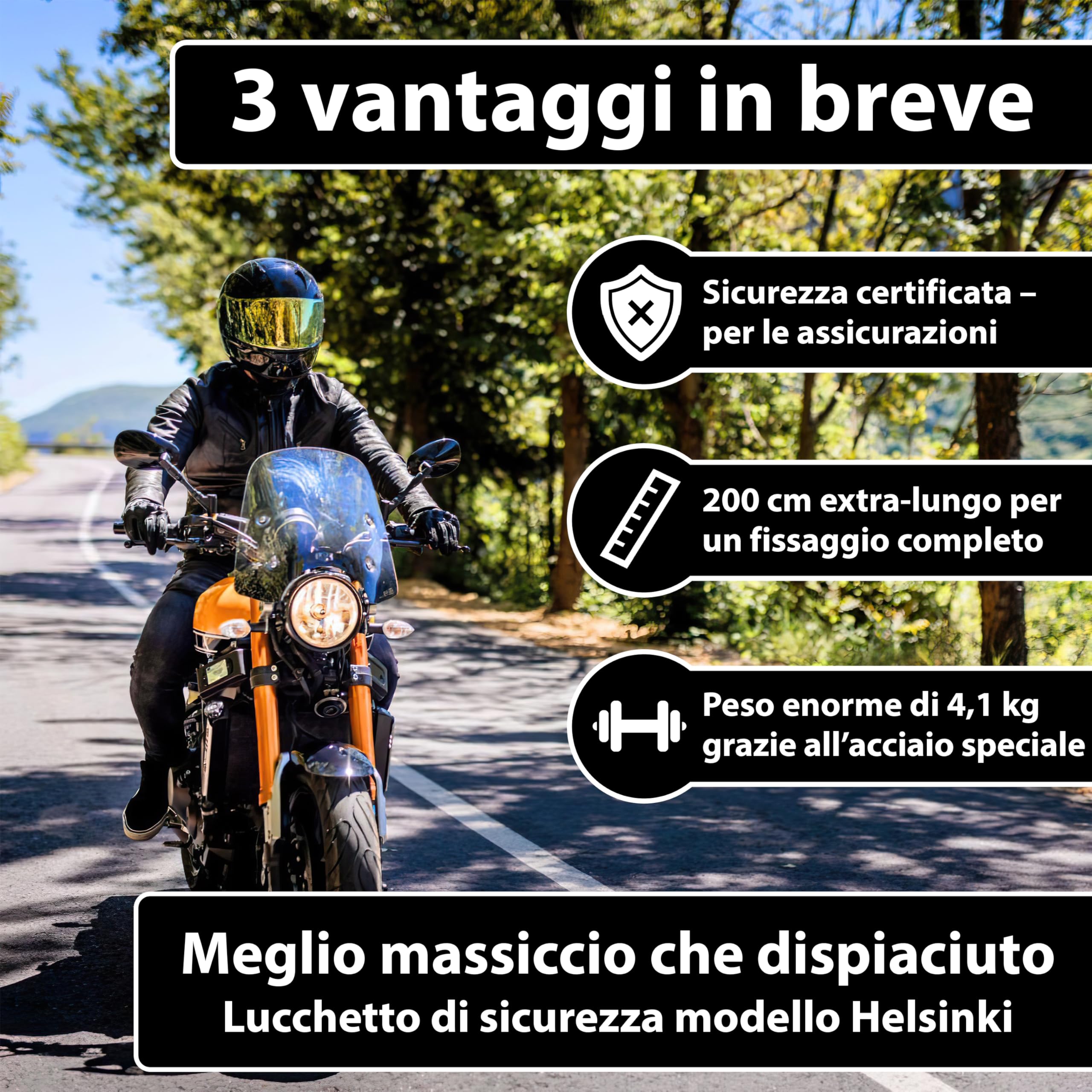 KOHLBURG 200cm Catena antifurto di sicurezza con catena quadrata da 8,3 mm in acciaio speciale, 2 metri extra lunghi, antifurto per bici sicuro da 2m di lunghezza, 4 chiavi per e‑bike, bici e moto