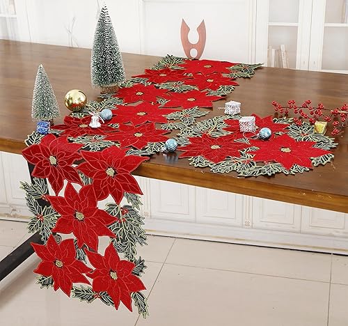 Miniatura 3 de GRANDDECO Juego de 2 manteles individuales rectangulares de Navidad de 12 x 18 pulgadas para fiestas de granja, bordados con flores rojas de