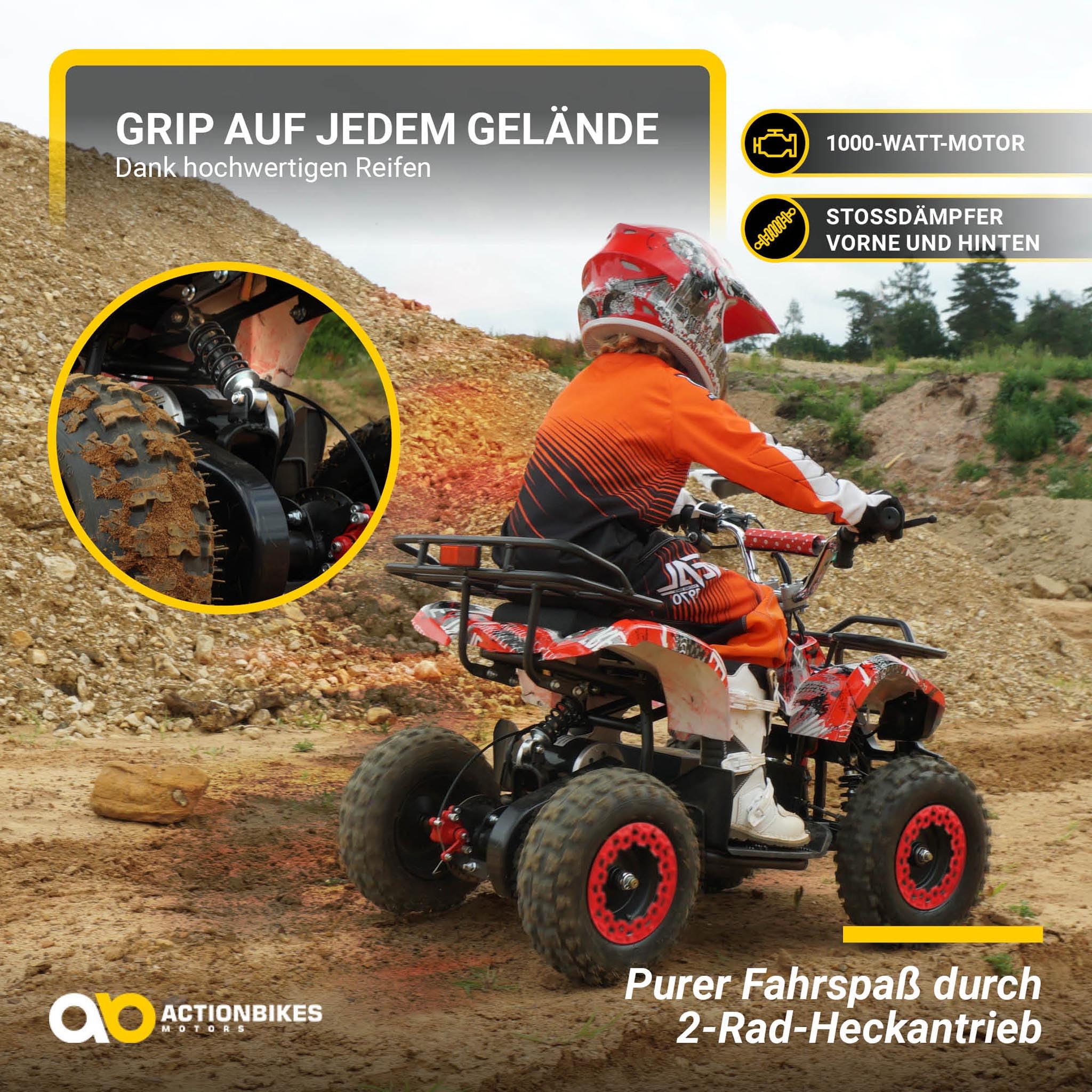 Actionbikes Motors Kinder Quad Elektro ATV Torino | 𝟑𝟔 Volt 𝟭𝟬𝟬𝟬 Watt Motor bis 𝟐𝟒 km/h - Kinderquad - Pocket Quad - Safety Fußschalter - Miniquad - Für Kinder ab 8 Jahren (Gelb Graffiti)