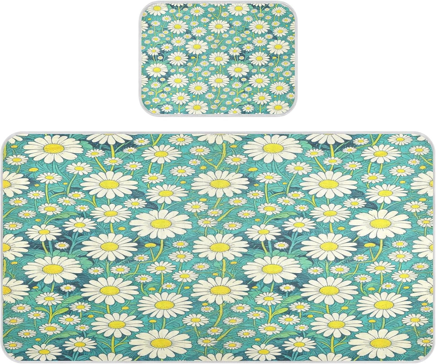 Cooling Baby Toddler Mattress 28" x 52" Breathable Daisy Flowers Floral Vintage Blue Crib Padding for Sides for Baby&Toddler