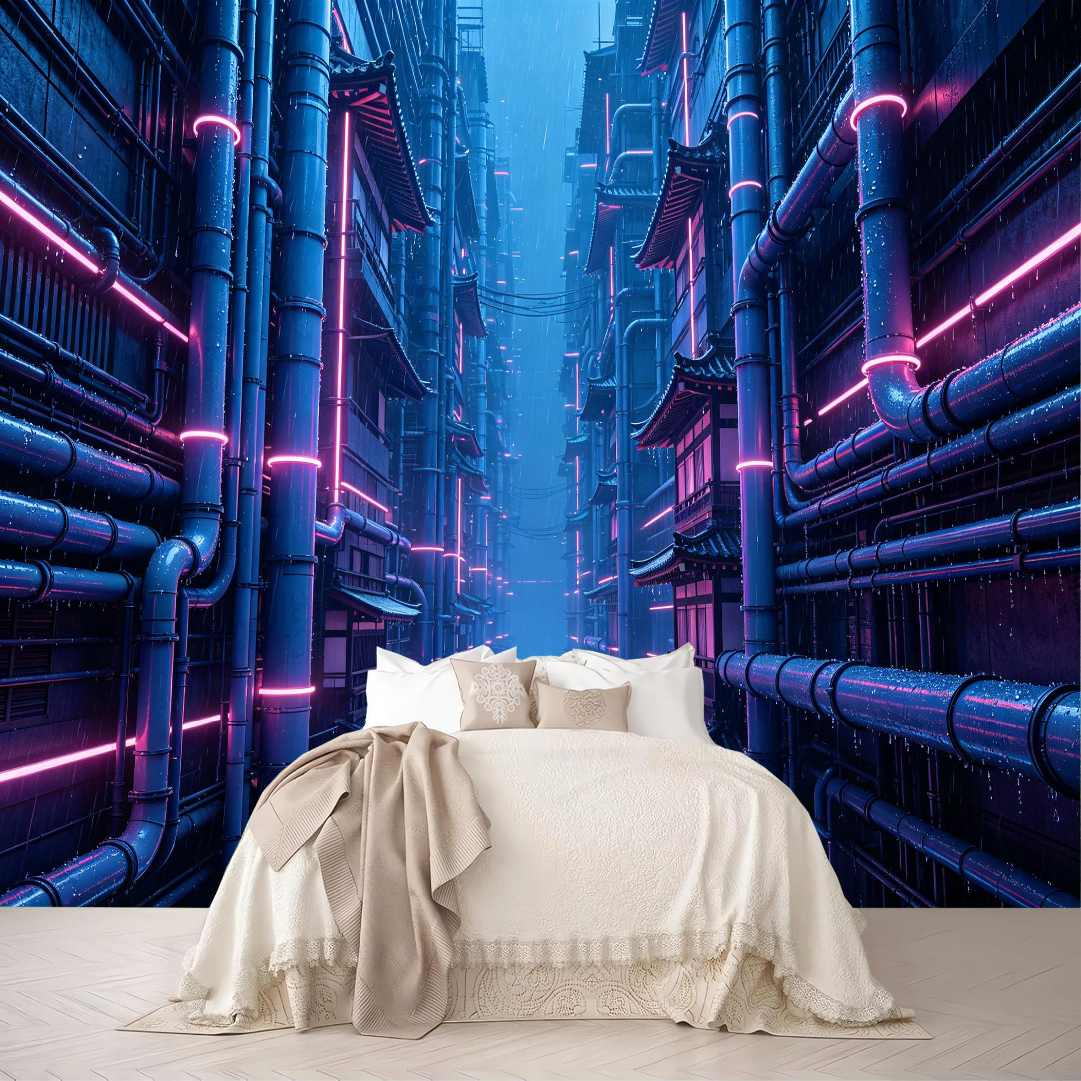 Dskjoviality Ab260706104 Custom Size Wall Murals Cyberpunk Pipe Alley Neon Rainy Street Removable Self-Adhesive For Bedroom Living Room Dining Room